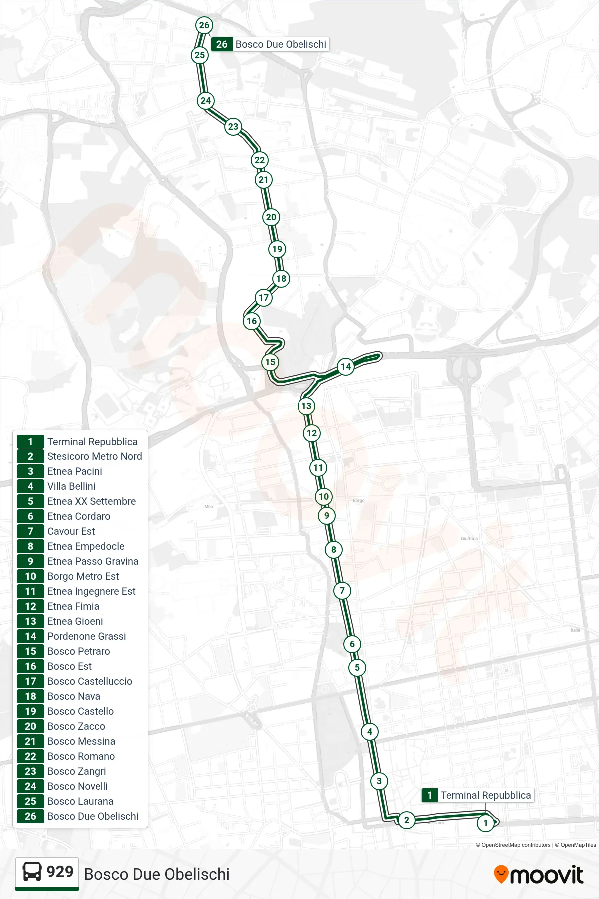 Linea 929 bus (Bosco Due Obelischi) - Percorsi e fermate sulla mappa