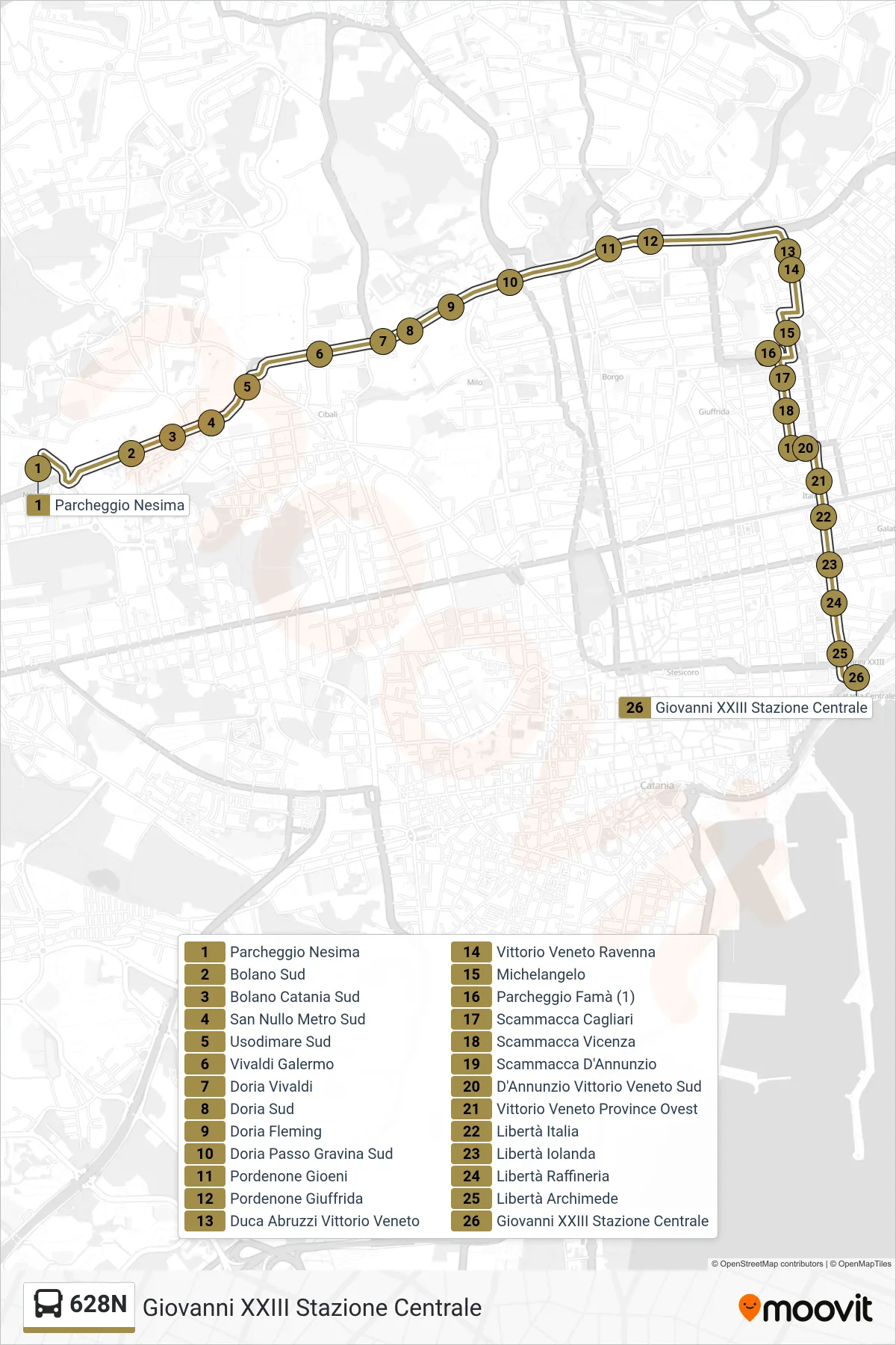 Linea 628N bus (Giovanni XXIII Stazione Centrale) - Percorsi e fermate sulla mappa