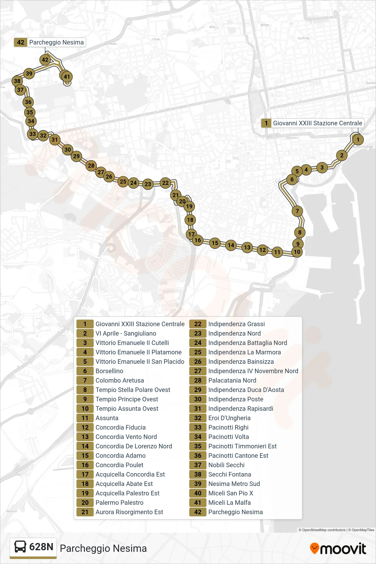 Linea 628N bus (Parcheggio Nesima) - Percorsi e fermate sulla mappa