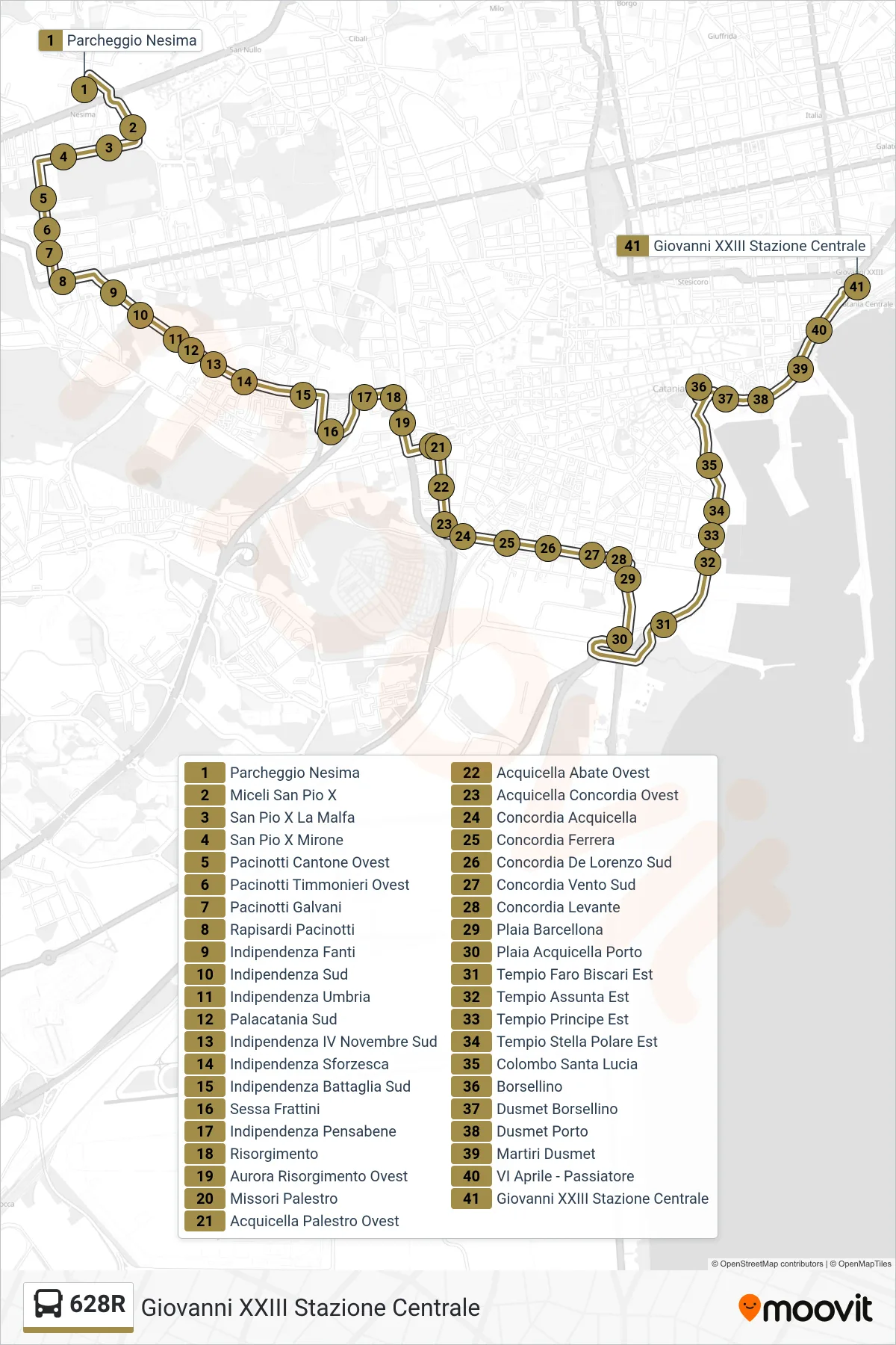 Linea 628R bus (Giovanni XXIII Stazione Centrale) - Percorsi e fermate sulla mappa