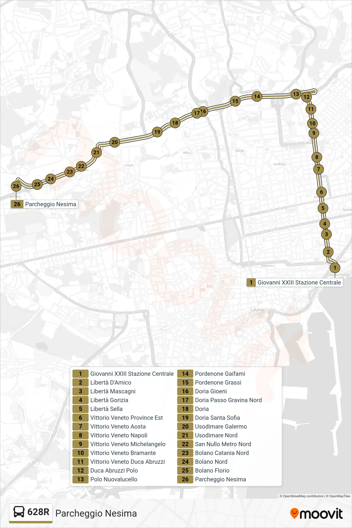 Linea 628R bus (Parcheggio Nesima) - Percorsi e fermate sulla mappa