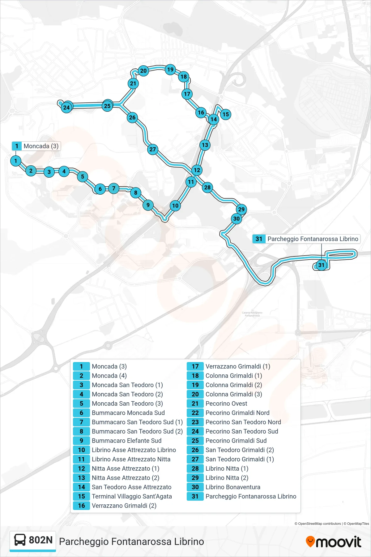 Linea 802N bus (Parcheggio Fontanarossa Librino) - Percorsi e fermate sulla mappa