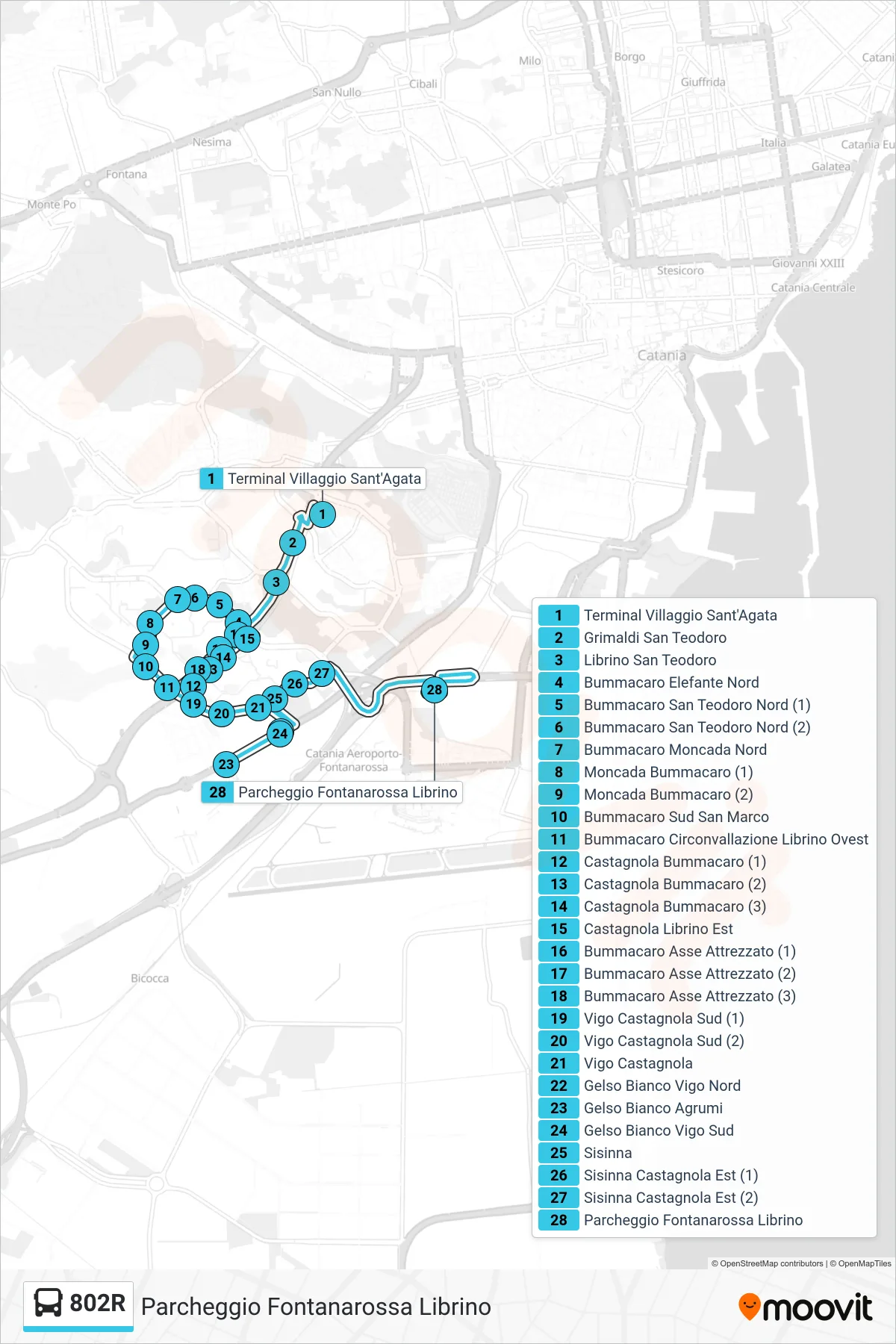 Linea 802R  bus (Parcheggio Fontanarossa Librino) - Percorsi e fermate sulla mappa