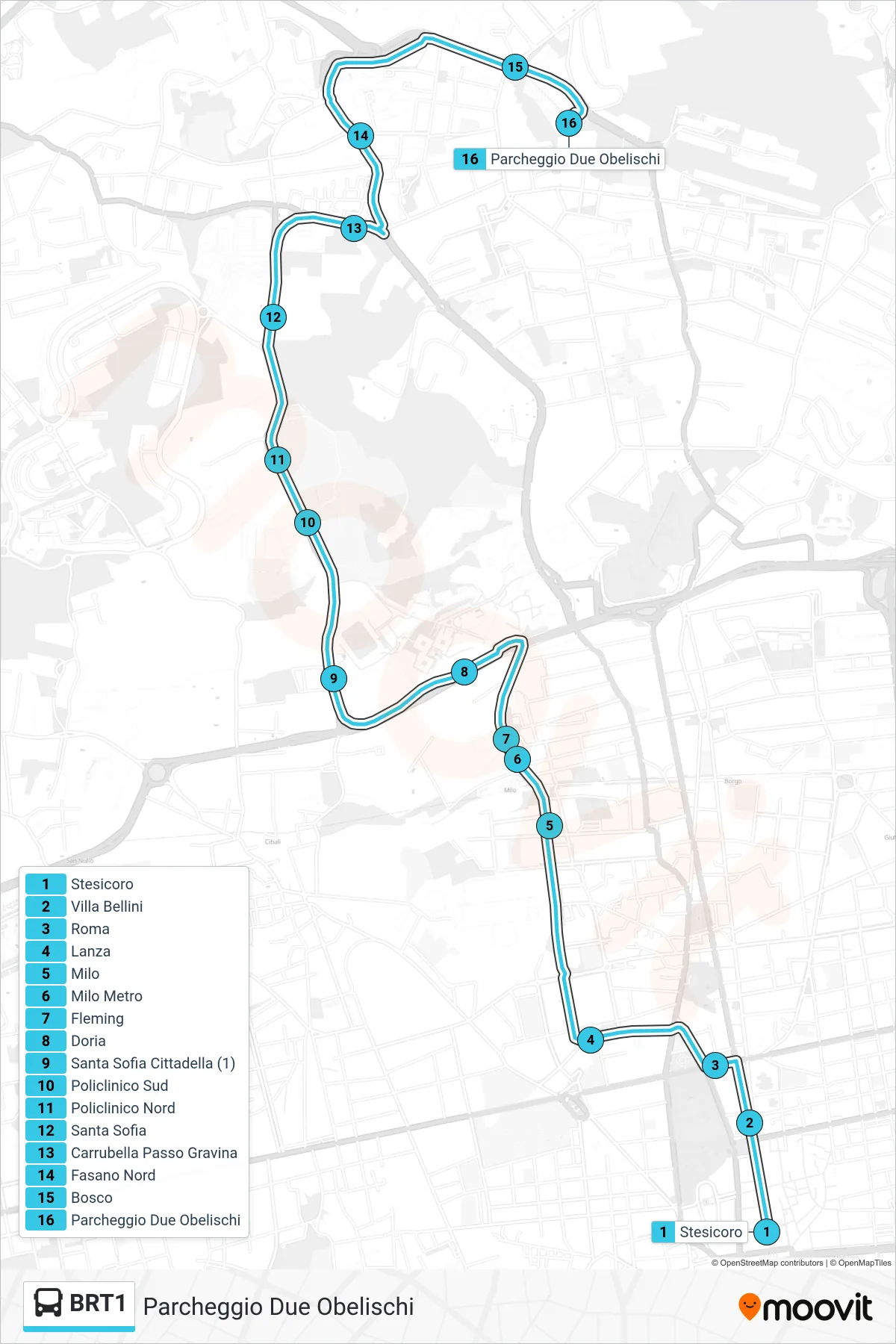 Linea BRT1  bus (Parcheggio Due Obelischi) - Percorsi e fermate sulla mappa