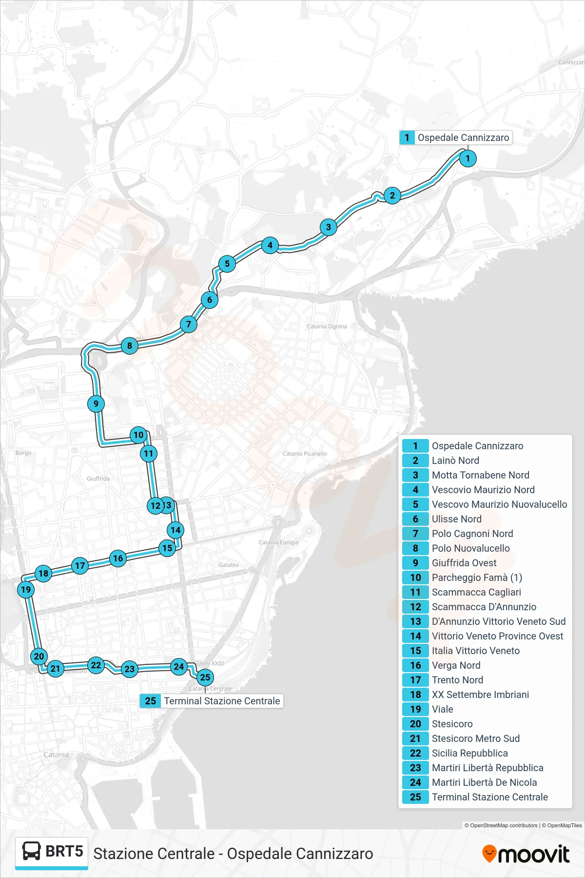Linea BRT5 bus (Terminal Stazione Centrale) - Percorsi e fermate sulla mappa
