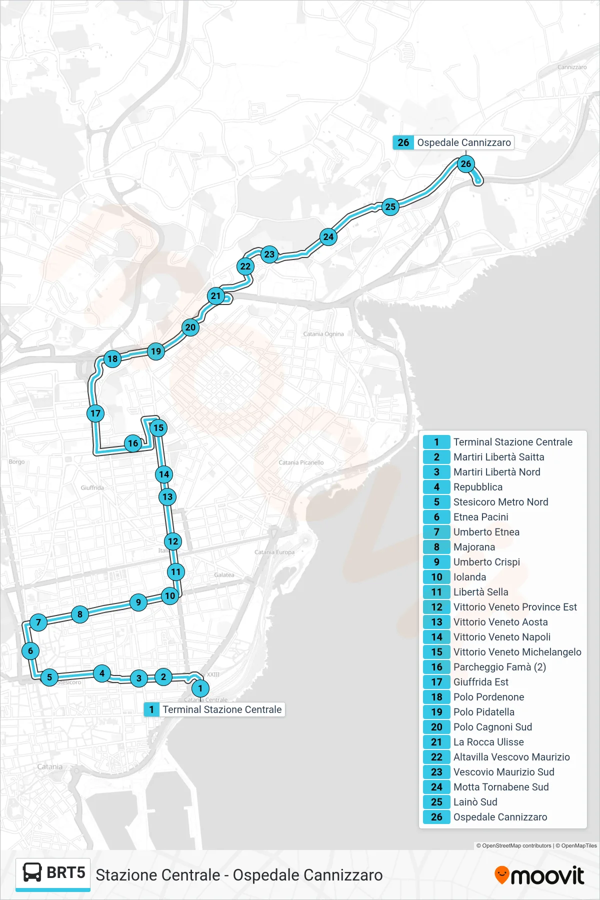 Linea BRT5  bus (Ospedale Cannizzaro) - Percorsi e fermate sulla mappa