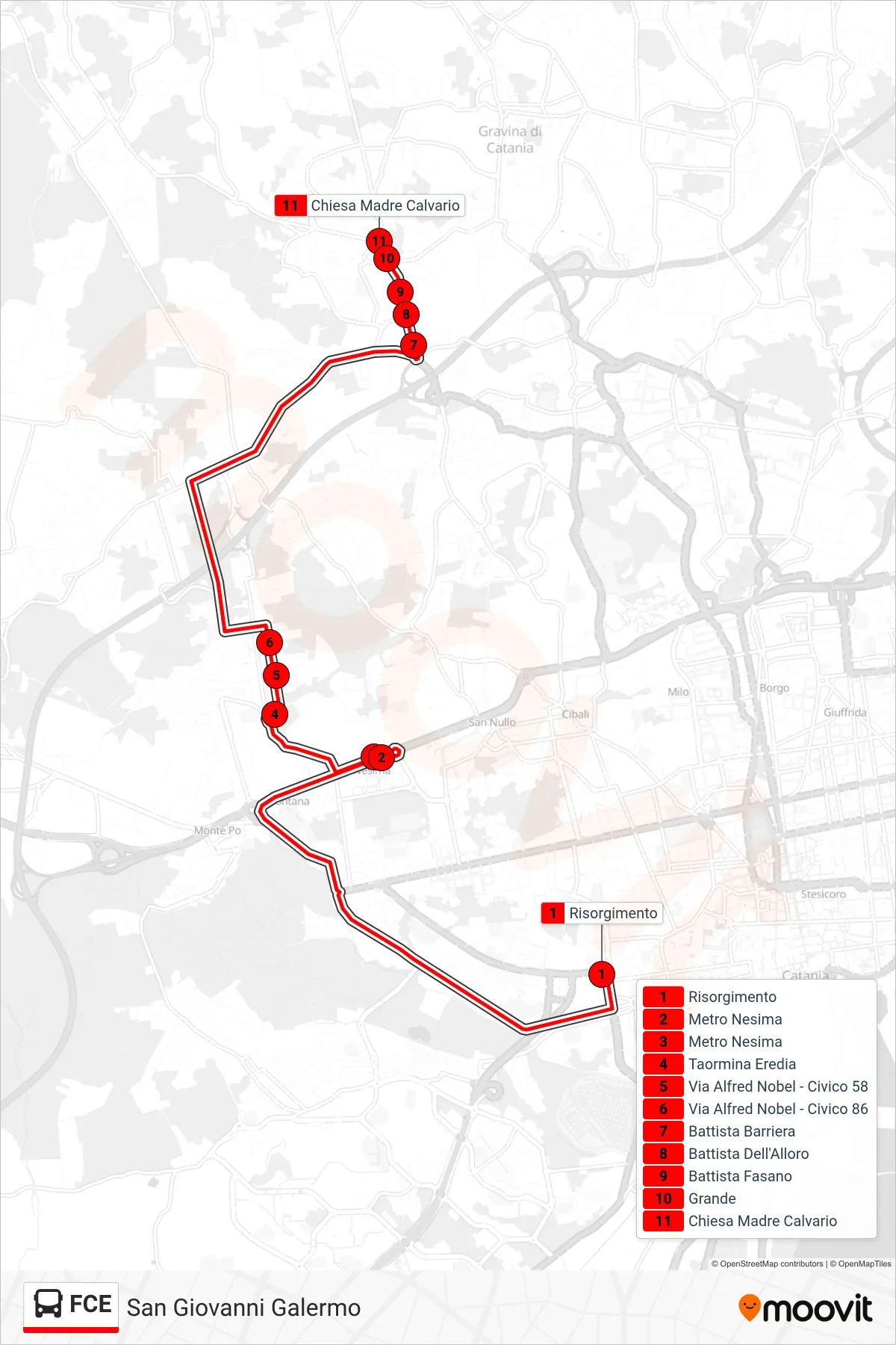 Linea FCE  bus (San Giovanni Galermo) - Percorsi e fermate sulla mappa