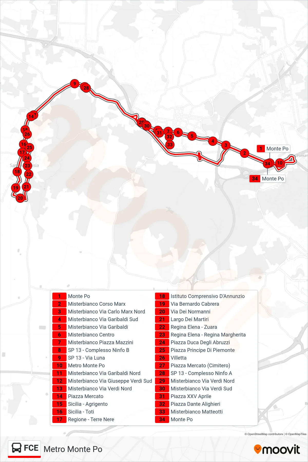 Linea FCE  bus (Metro Monte Po) - Percorsi e fermate sulla mappa