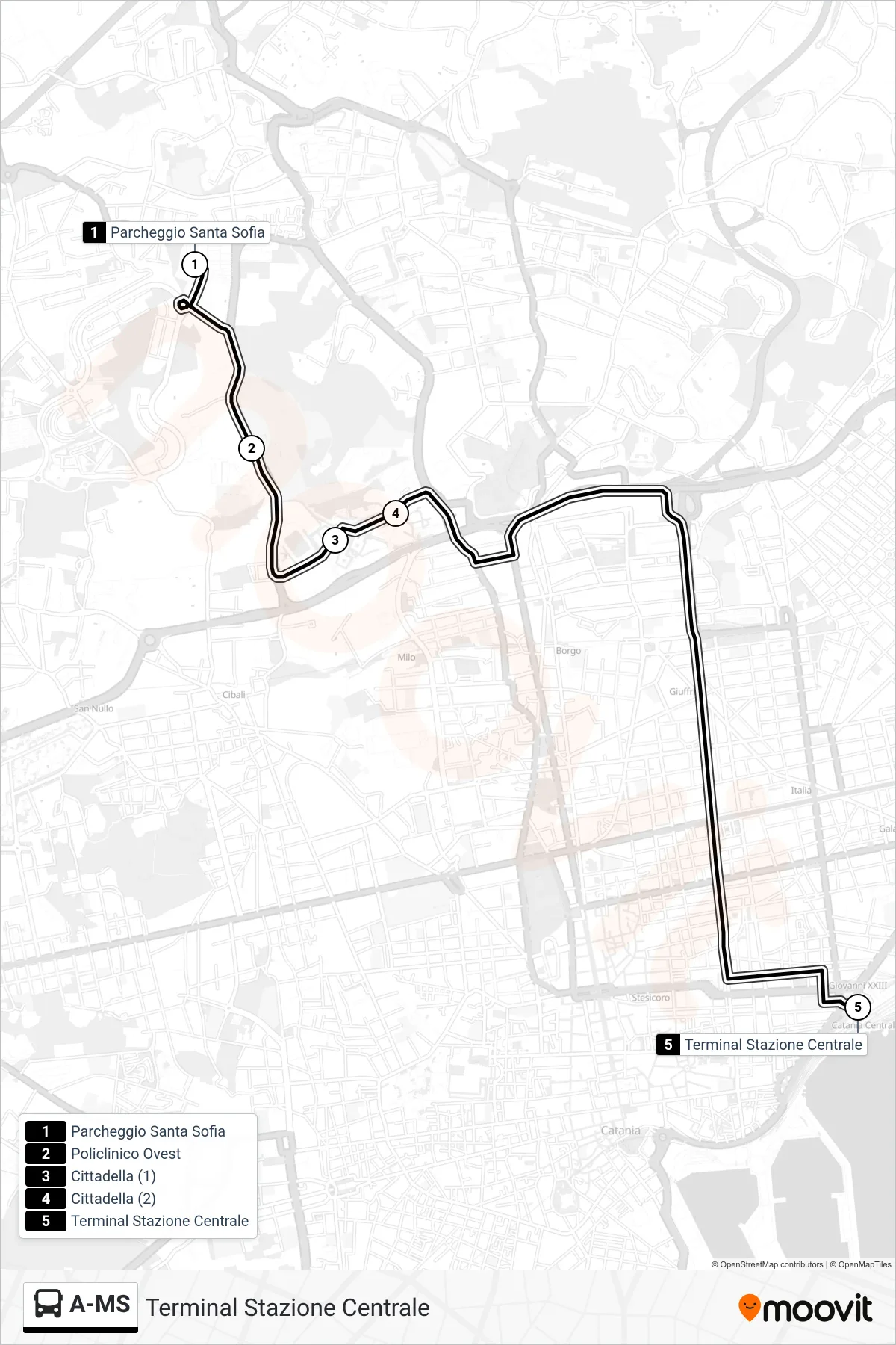 A-MS bus Line (Central Station Terminal) route and stops on a map