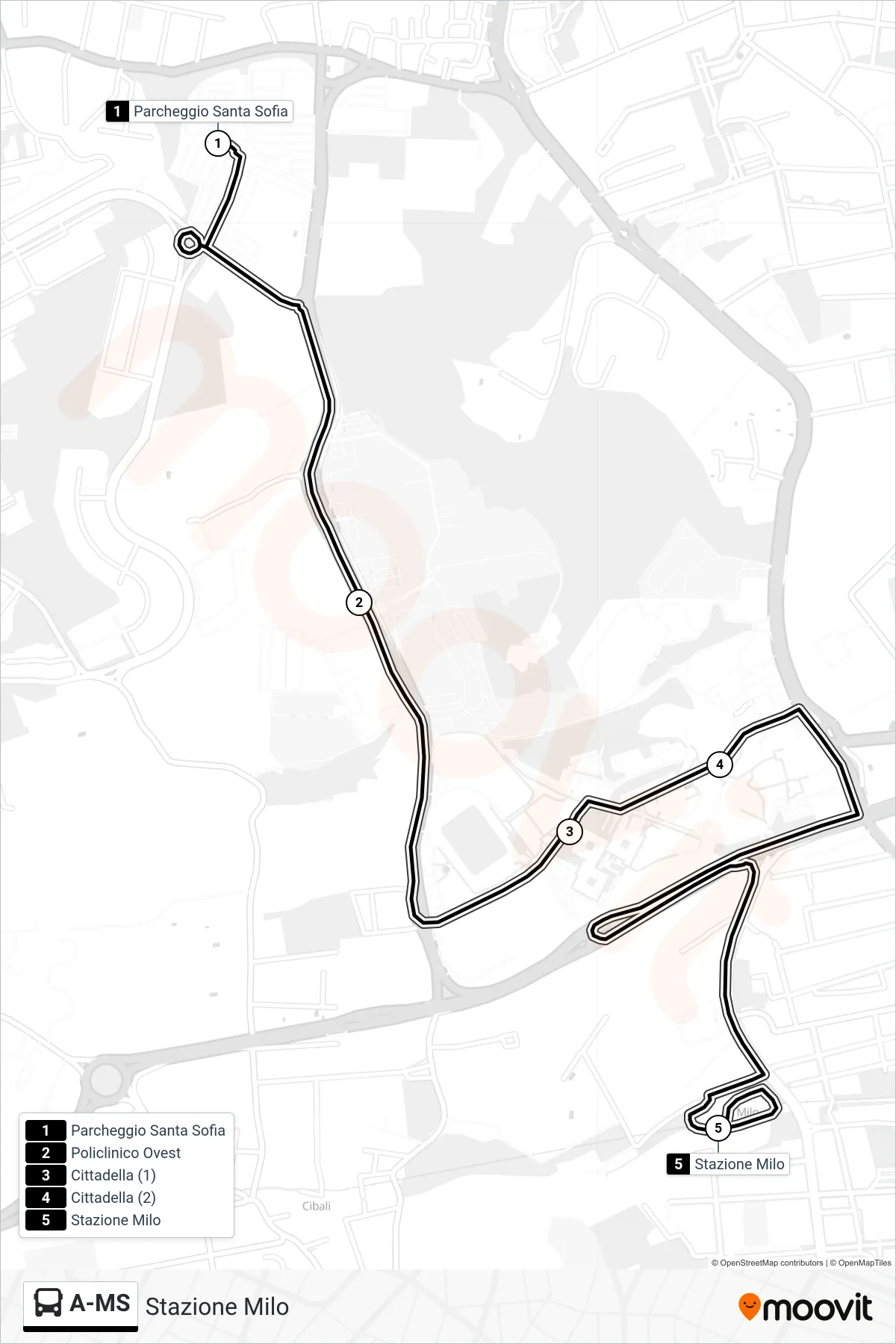 Linea A-MS  bus (Stazione Milo) - Percorsi e fermate sulla mappa