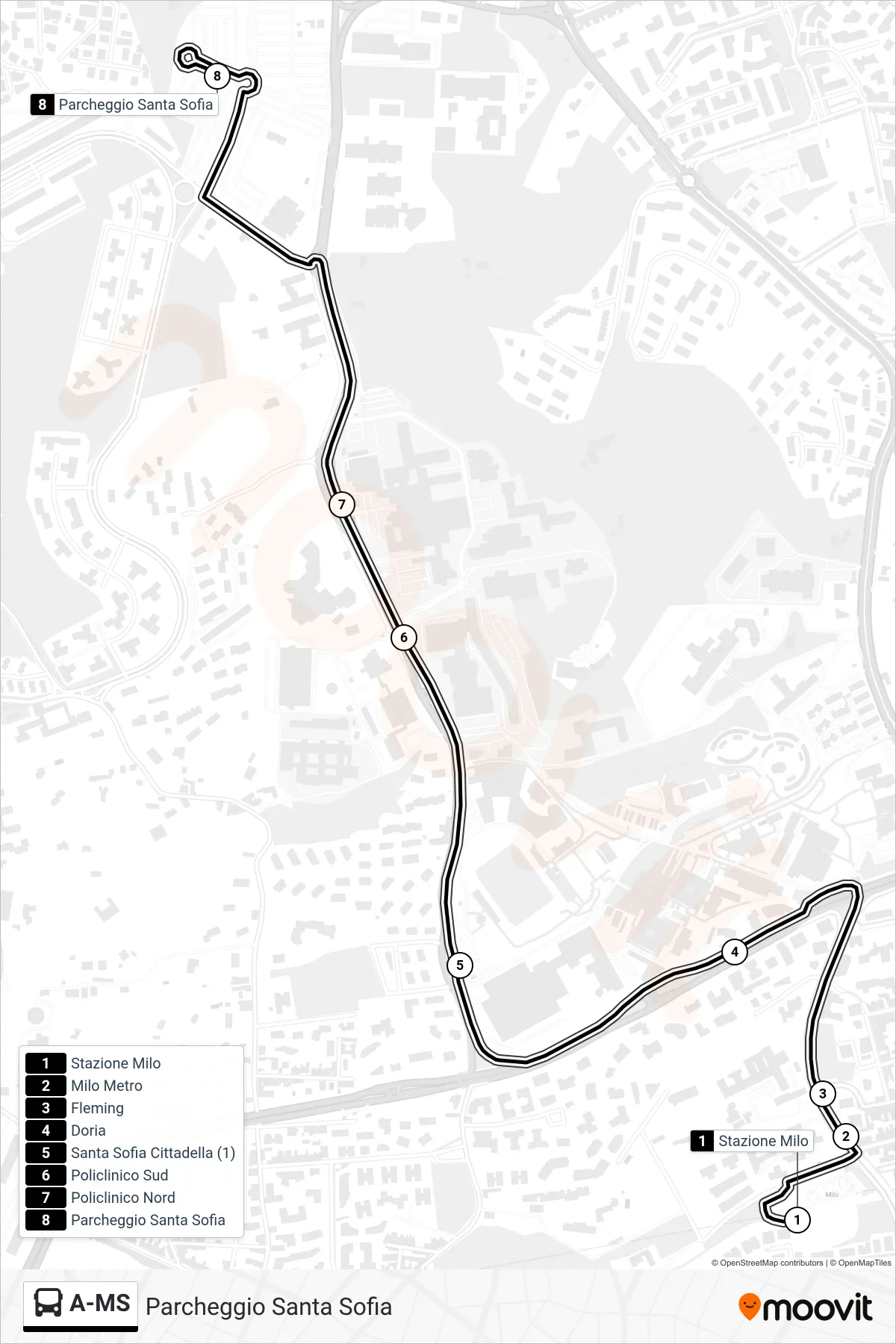 Linea A-MS bus (Parcheggio Santa Sofia) - Percorsi e fermate sulla mappa