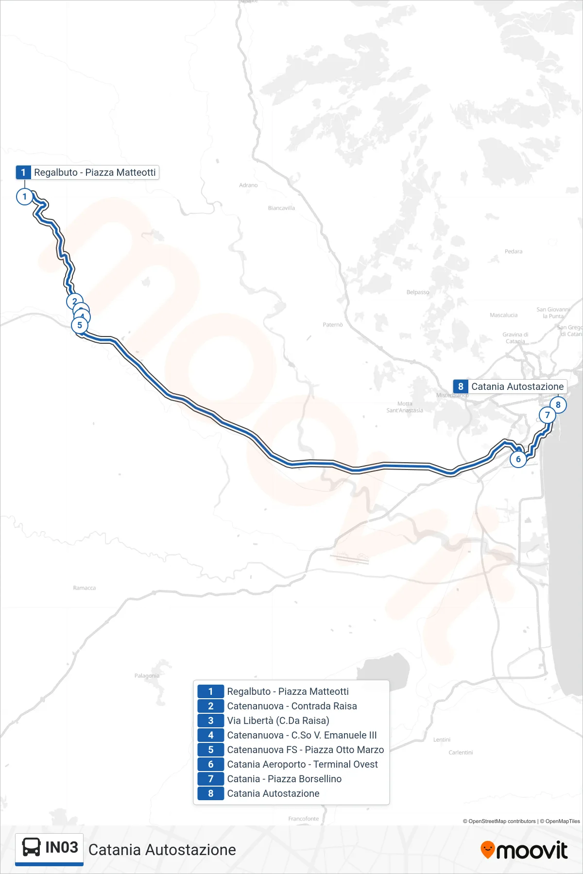 Linea IN03  bus (Catania Autostazione) - Percorsi e fermate sulla mappa