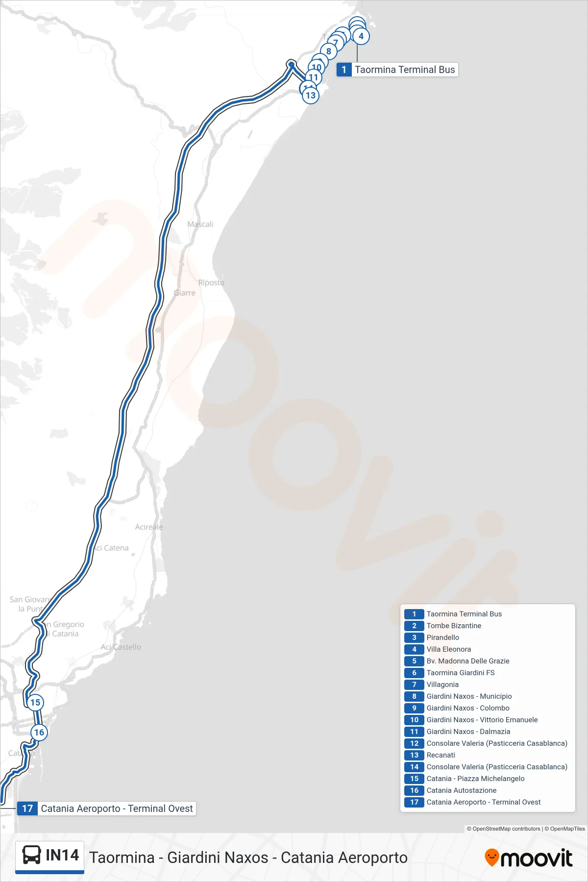 Linea IN14 bus (Catania Aeroporto) - Percorsi e fermate sulla mappa