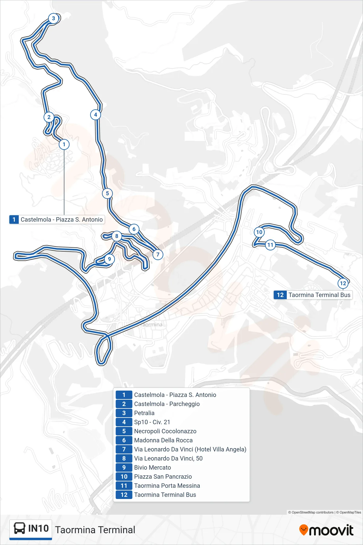 Linea IN10 bus (Taormina Terminal) - Percorsi e fermate sulla mappa