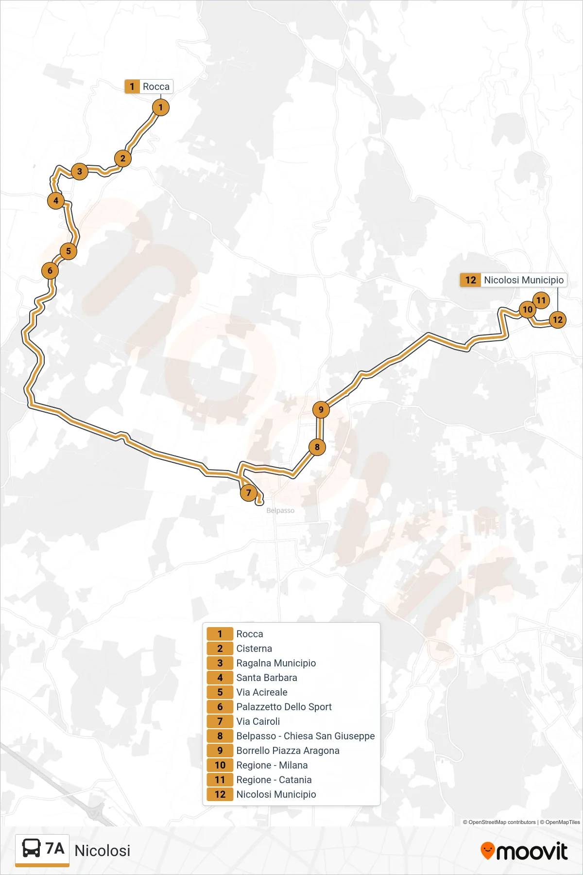 Linea 7A bus (Nicolosi) - Percorsi e fermate sulla mappa