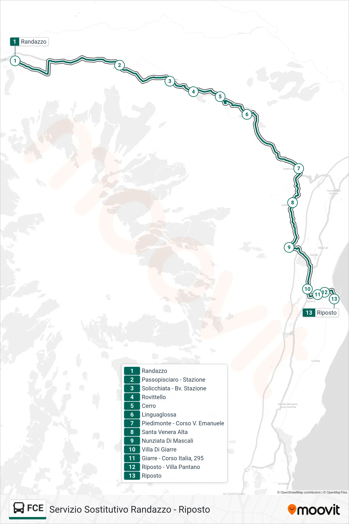 Linea FCE bus (Riposto) - Percorsi e fermate sulla mappa