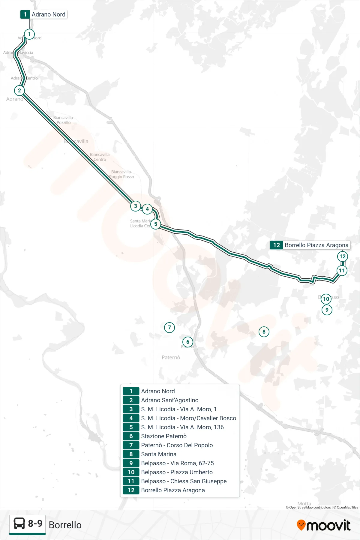 Linea 8-9 bus (Borrello) - Percorsi e fermate sulla mappa