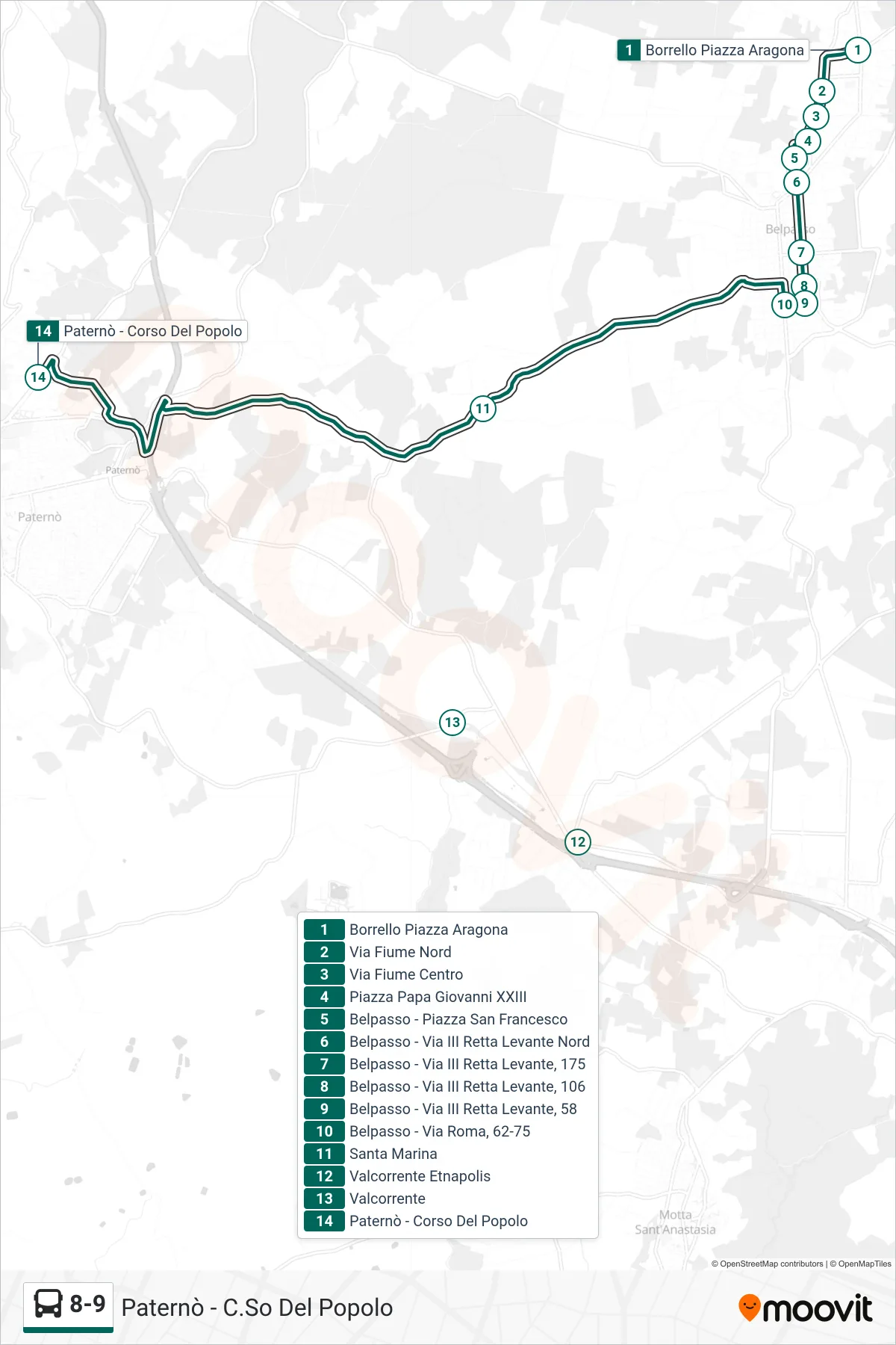 Linea 8-9  bus (Paternò - C.So Del Popolo) - Percorsi e fermate sulla mappa