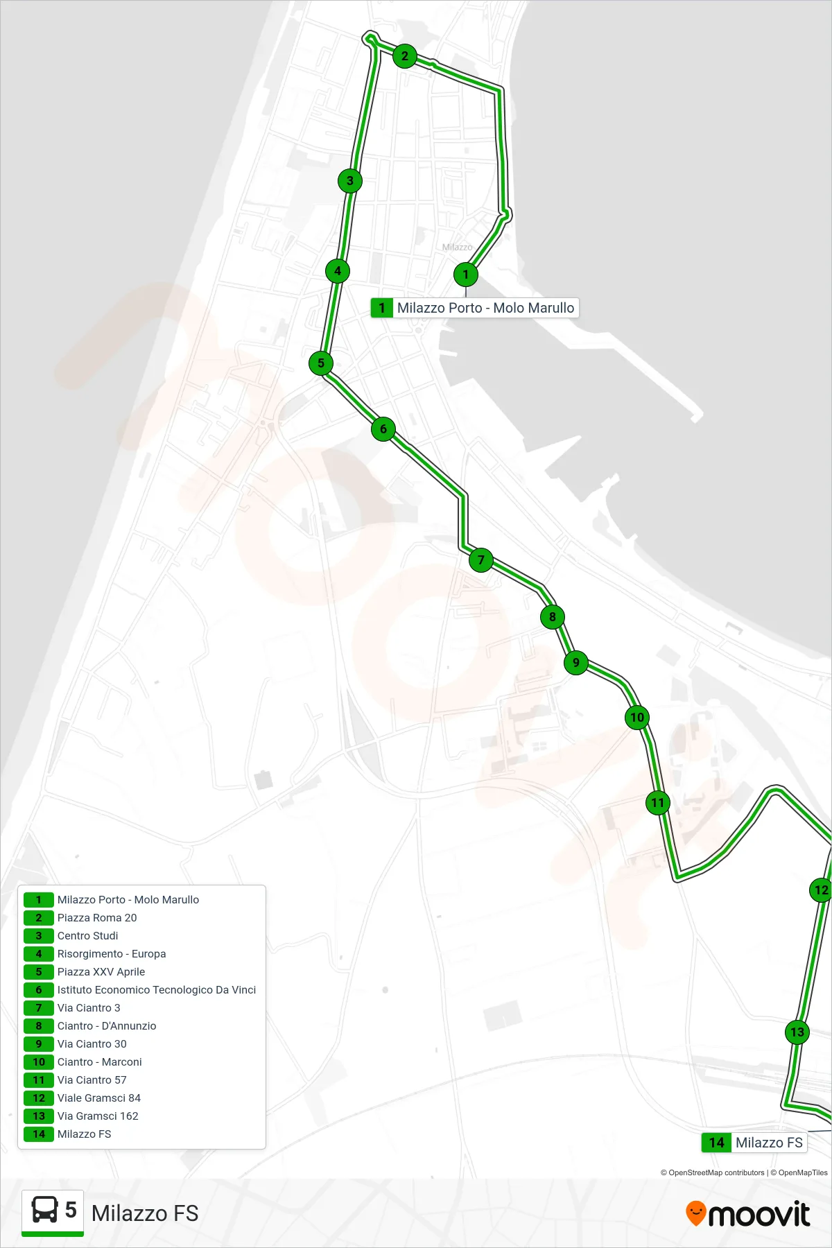 Linea 5  bus (Milazzo FS) - Percorsi e fermate sulla mappa