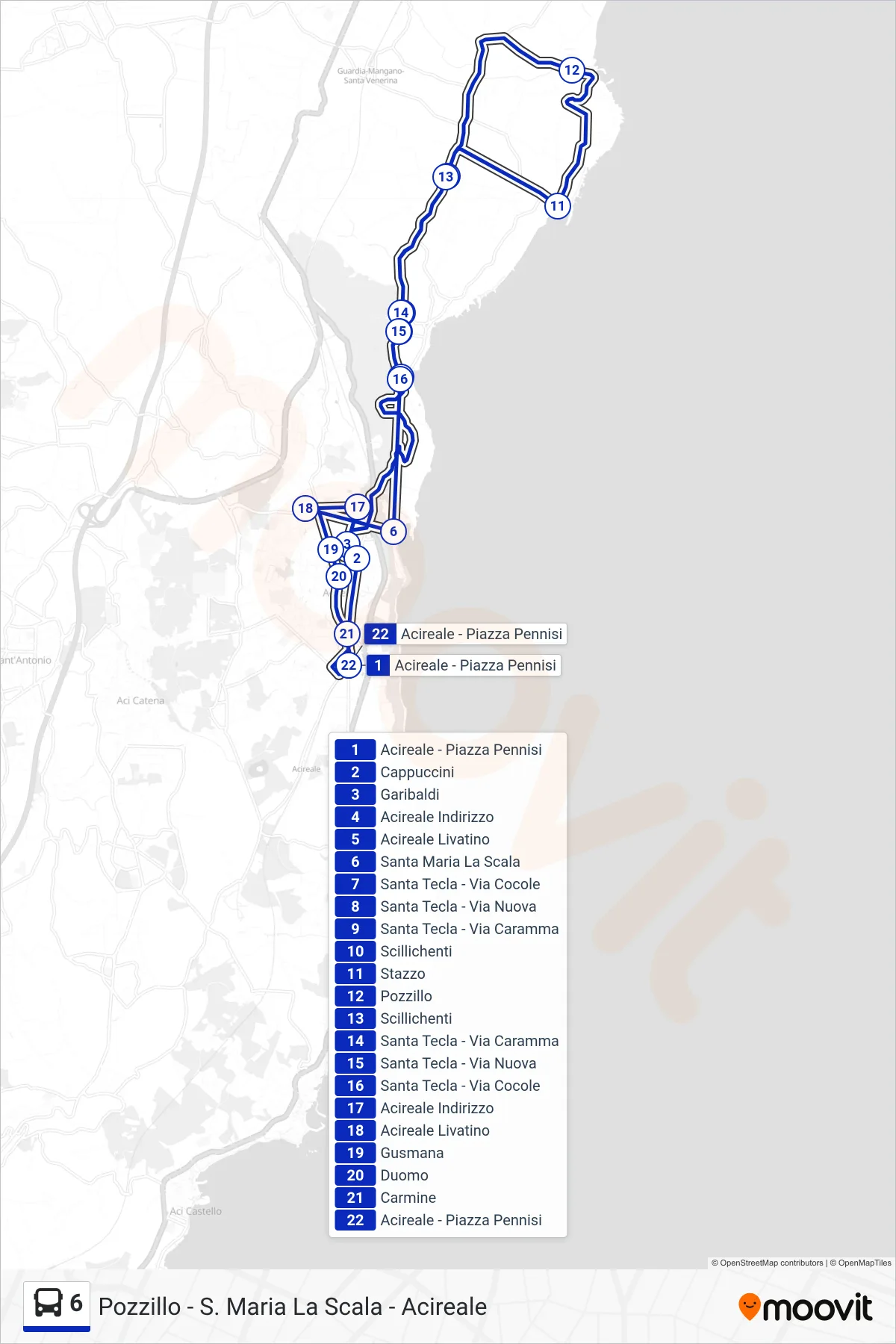 Linea 6 bus (Pozzillo - S. Maria La Scala - Acireale) - Percorsi e fermate sulla mappa