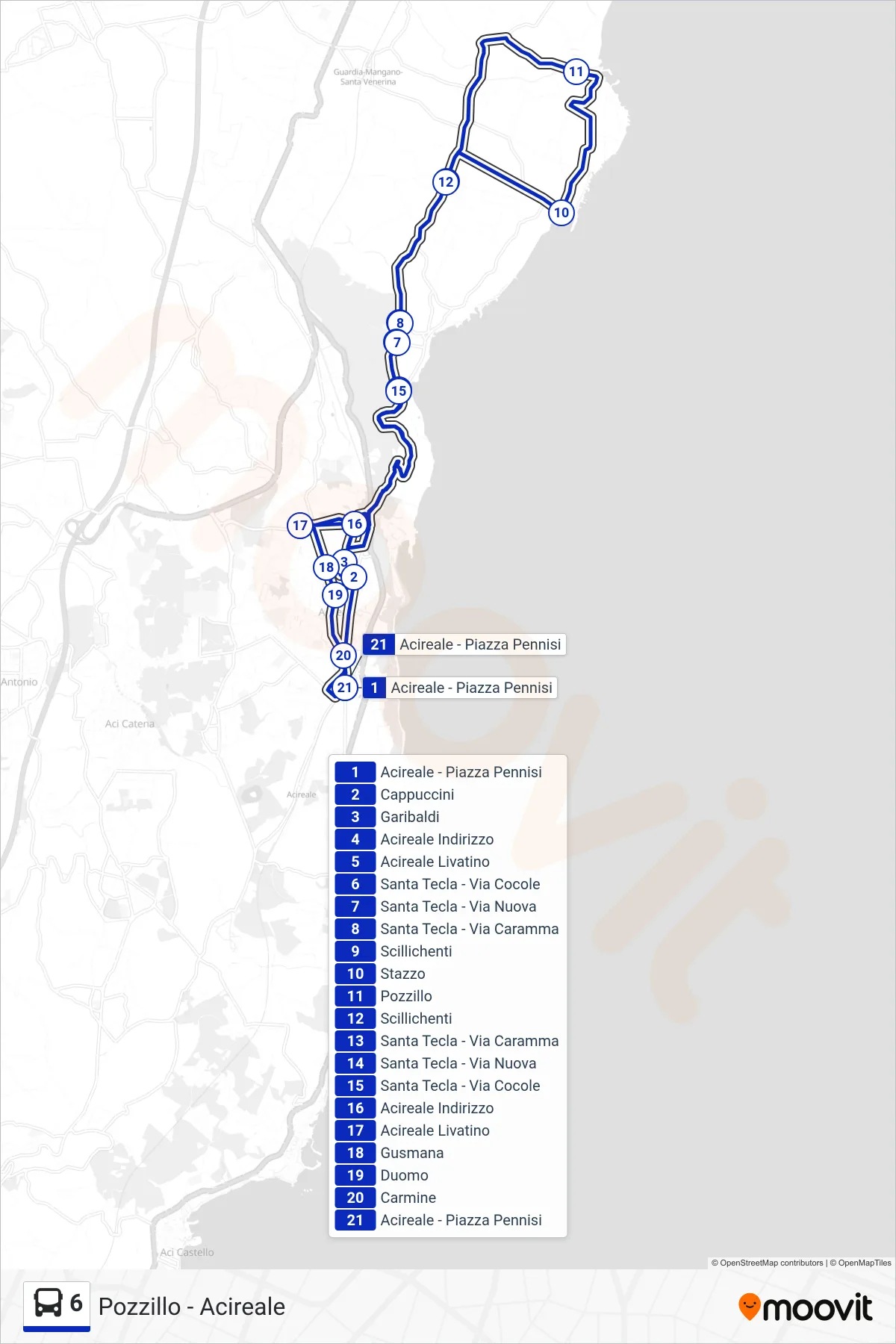 Linea 6  bus (Pozzillo - Acireale) - Percorsi e fermate sulla mappa