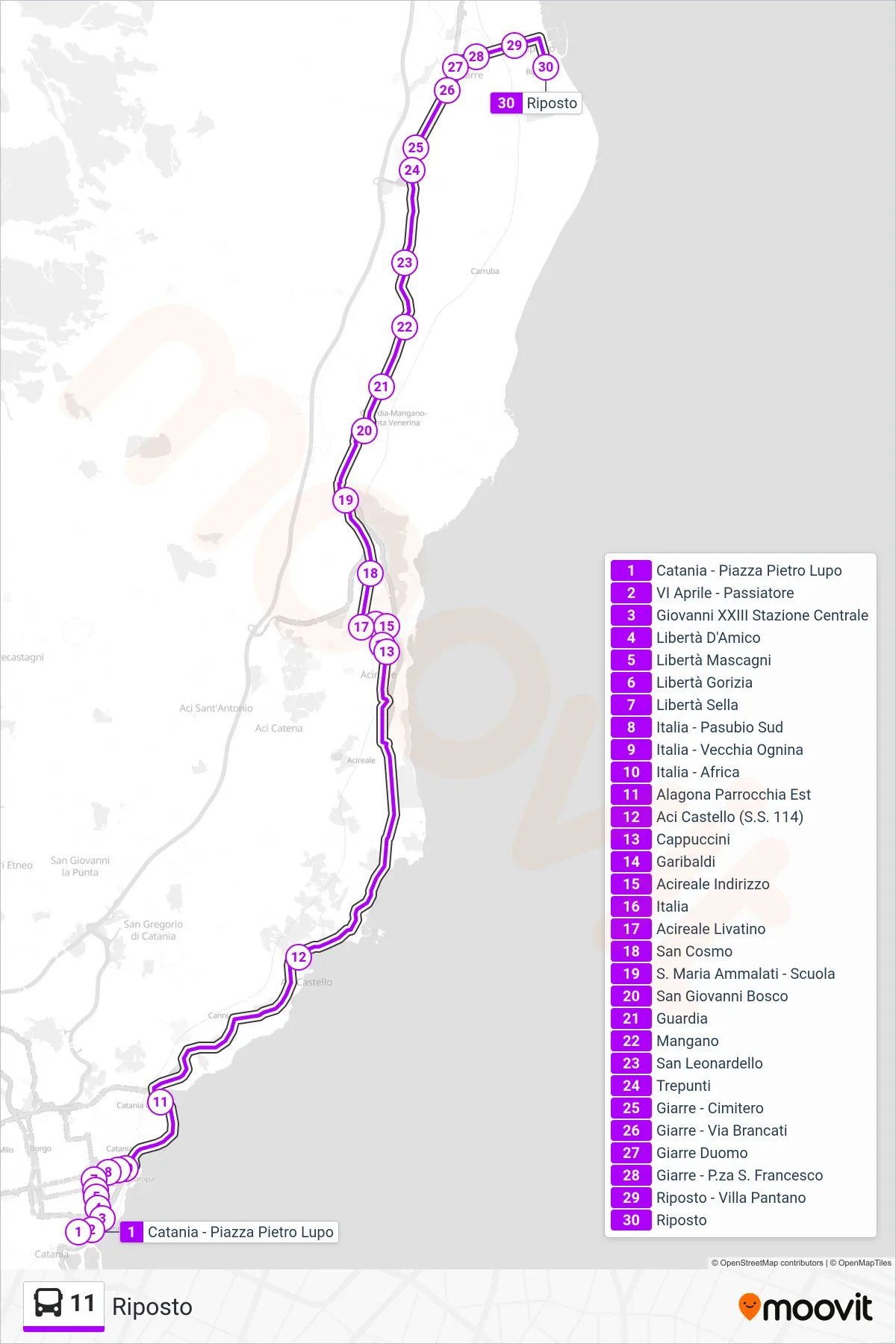 Linea 11 bus (Riposto) - Percorsi e fermate sulla mappa