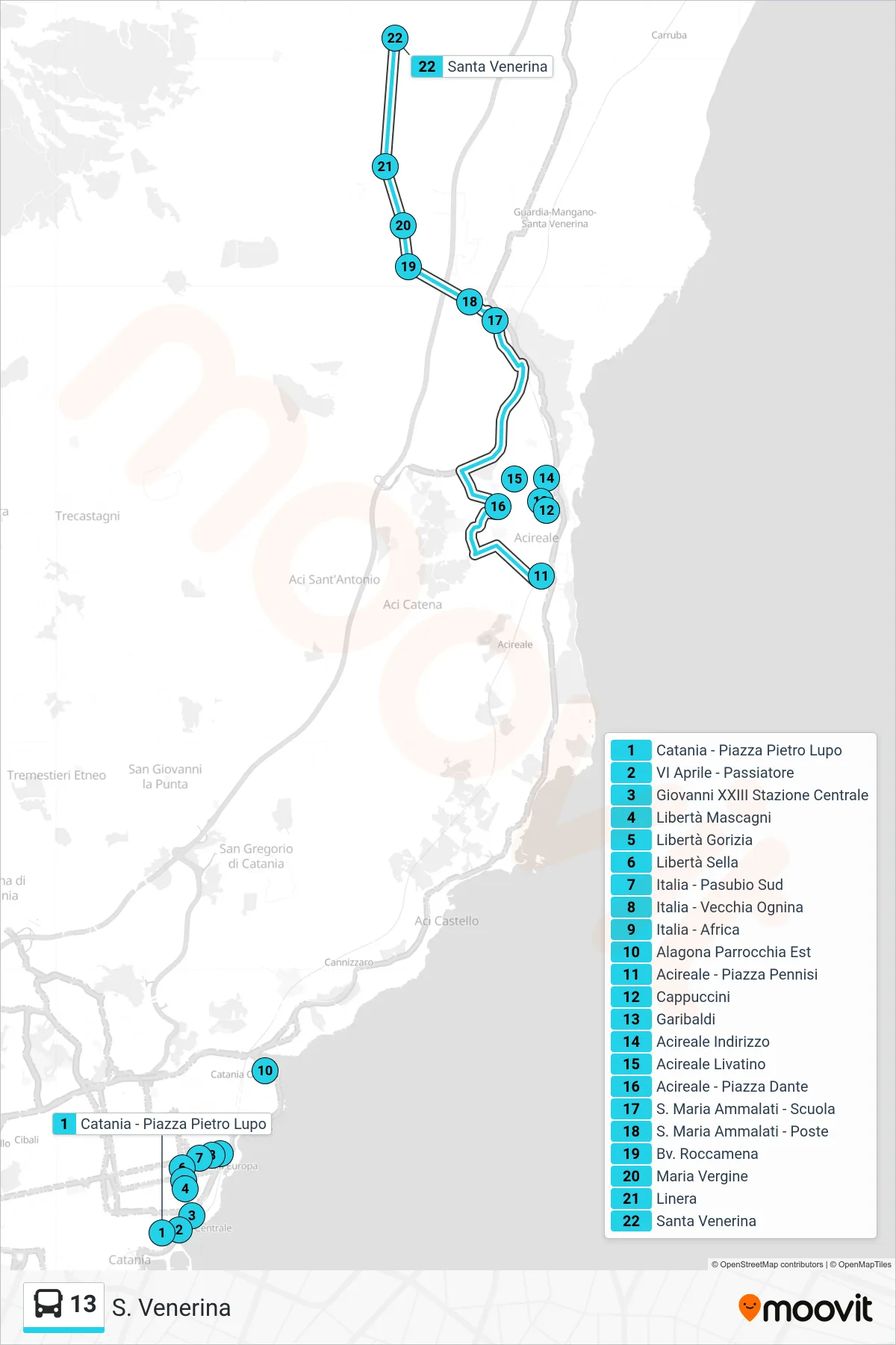 Linea 13 bus (S. Venerina) - Percorsi e fermate sulla mappa