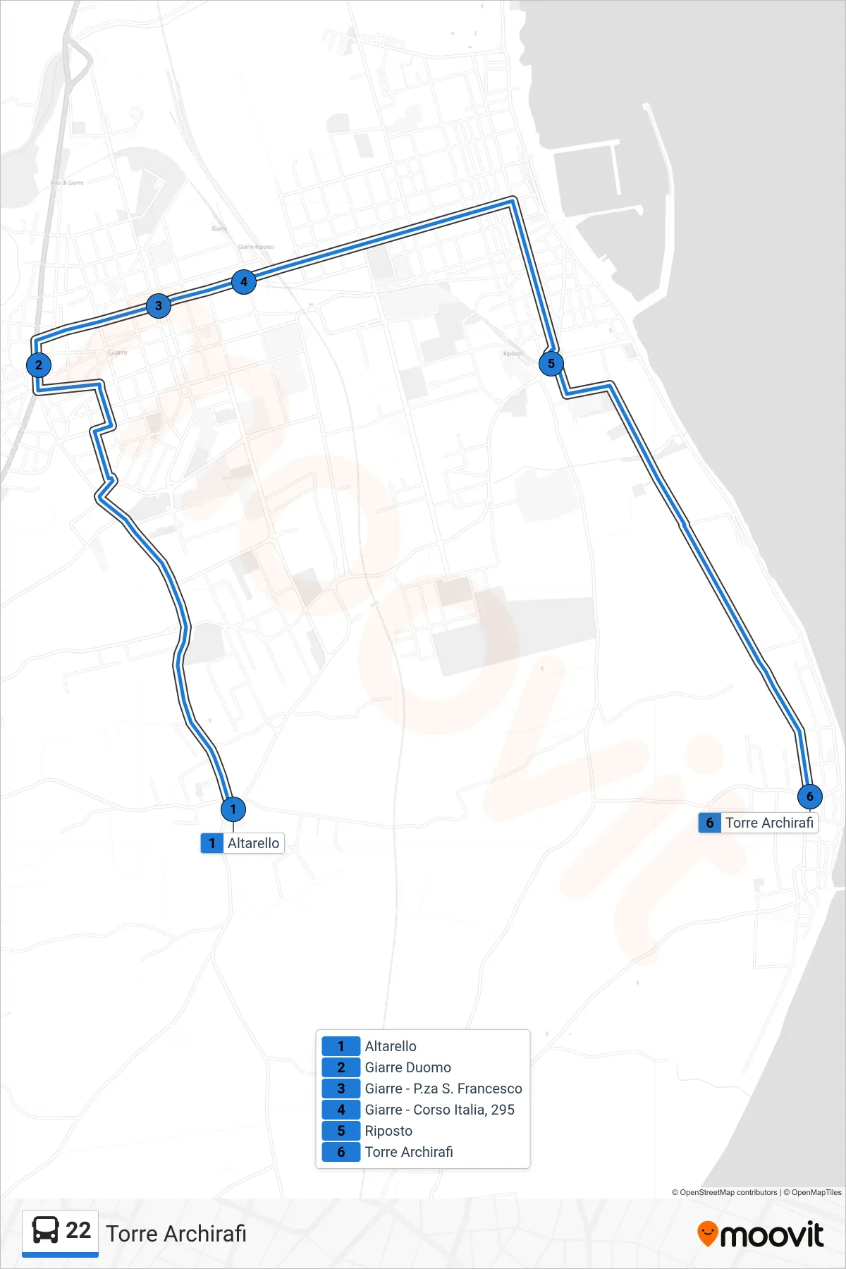 Linea 22 bus (Torre Archirafi) - Percorsi e fermate sulla mappa