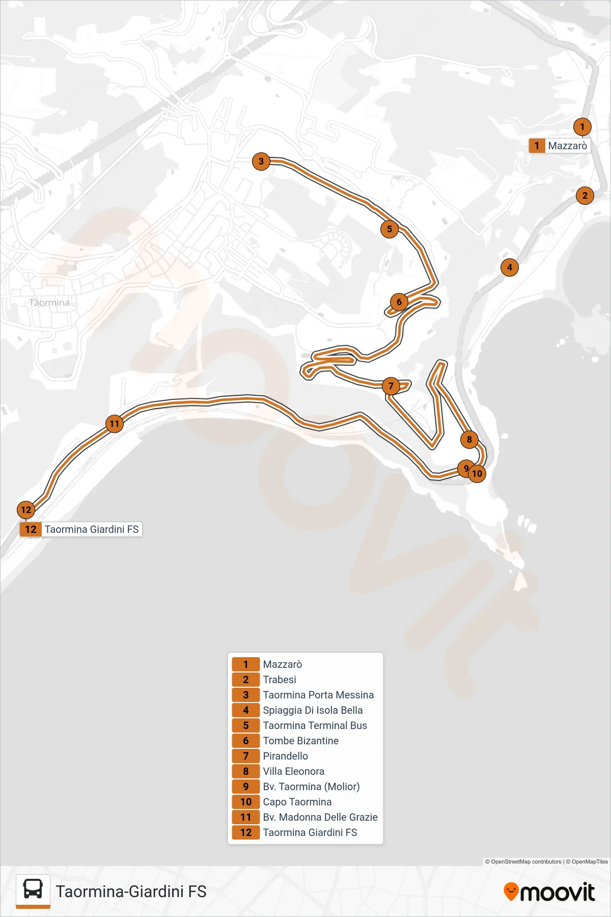 Linea TAO-LINK  bus (Taormina-Giardini FS) - Percorsi e fermate sulla mappa
