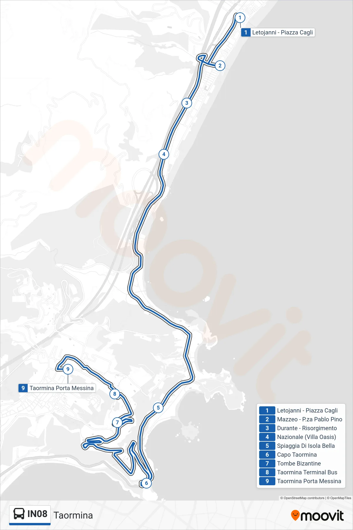 Linea IN08 bus (Taormina) - Percorsi e fermate sulla mappa