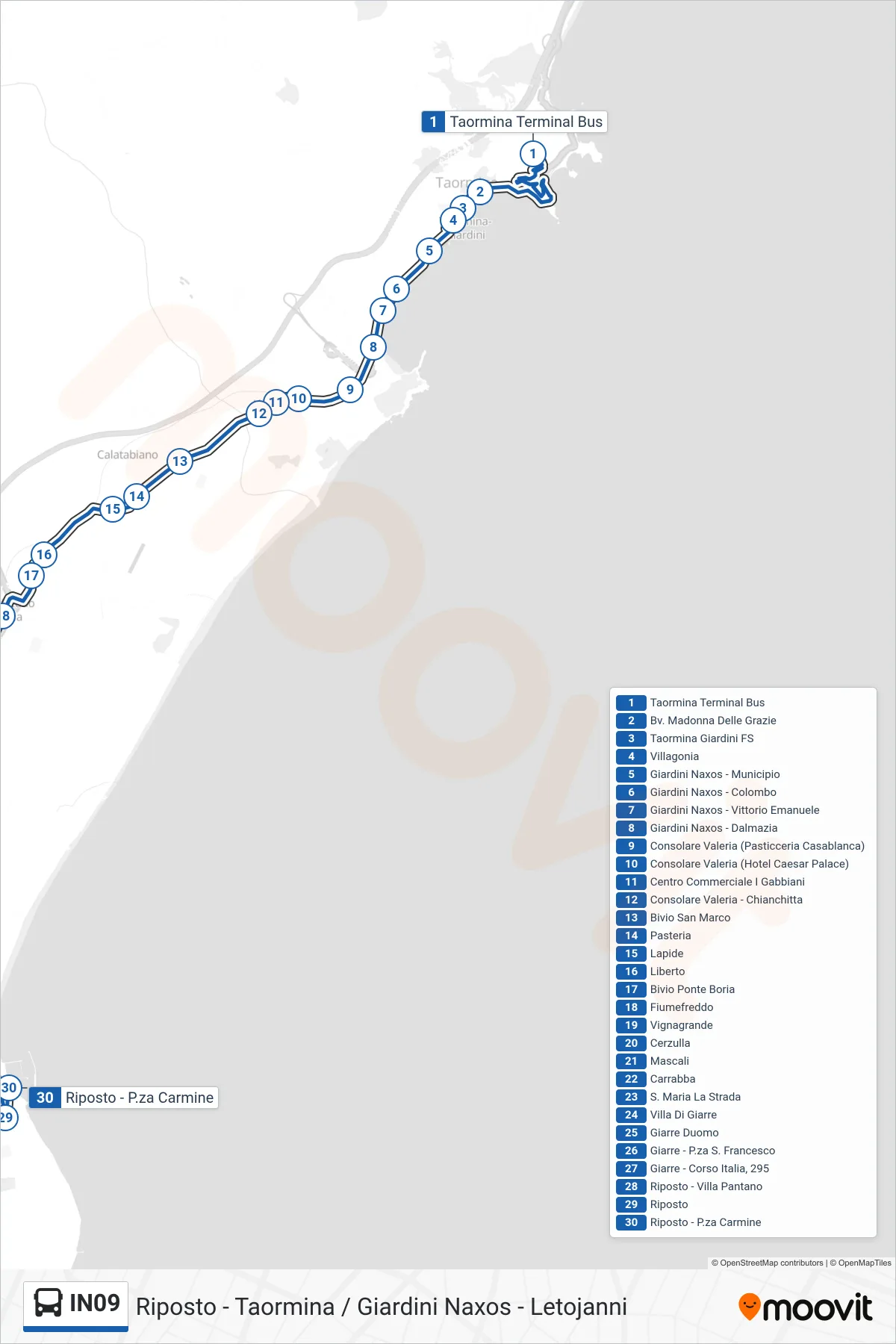Linea IN09  bus (Riposto) - Percorsi e fermate sulla mappa