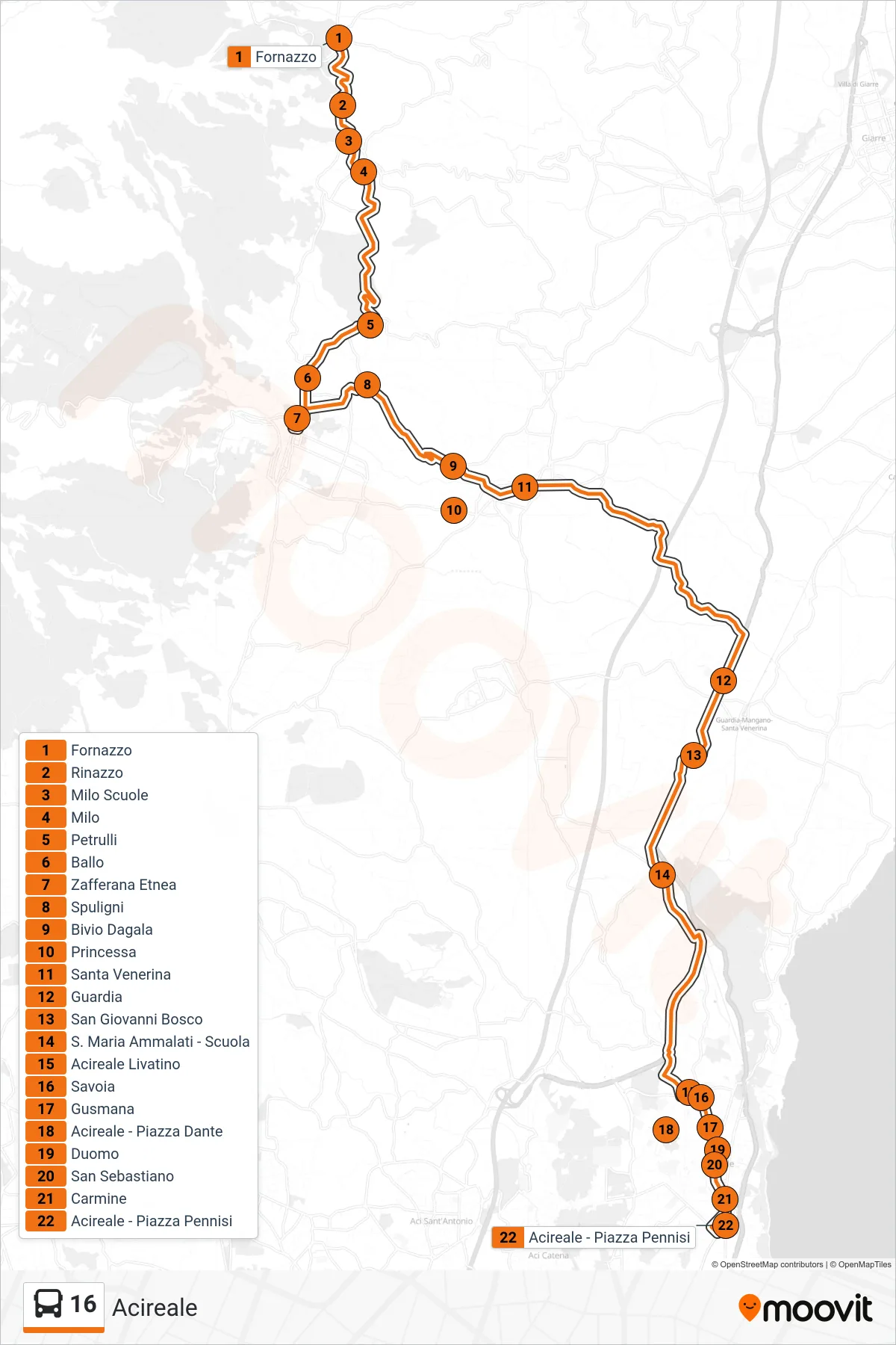 Linea 16 bus (Acireale) - Percorsi e fermate sulla mappa