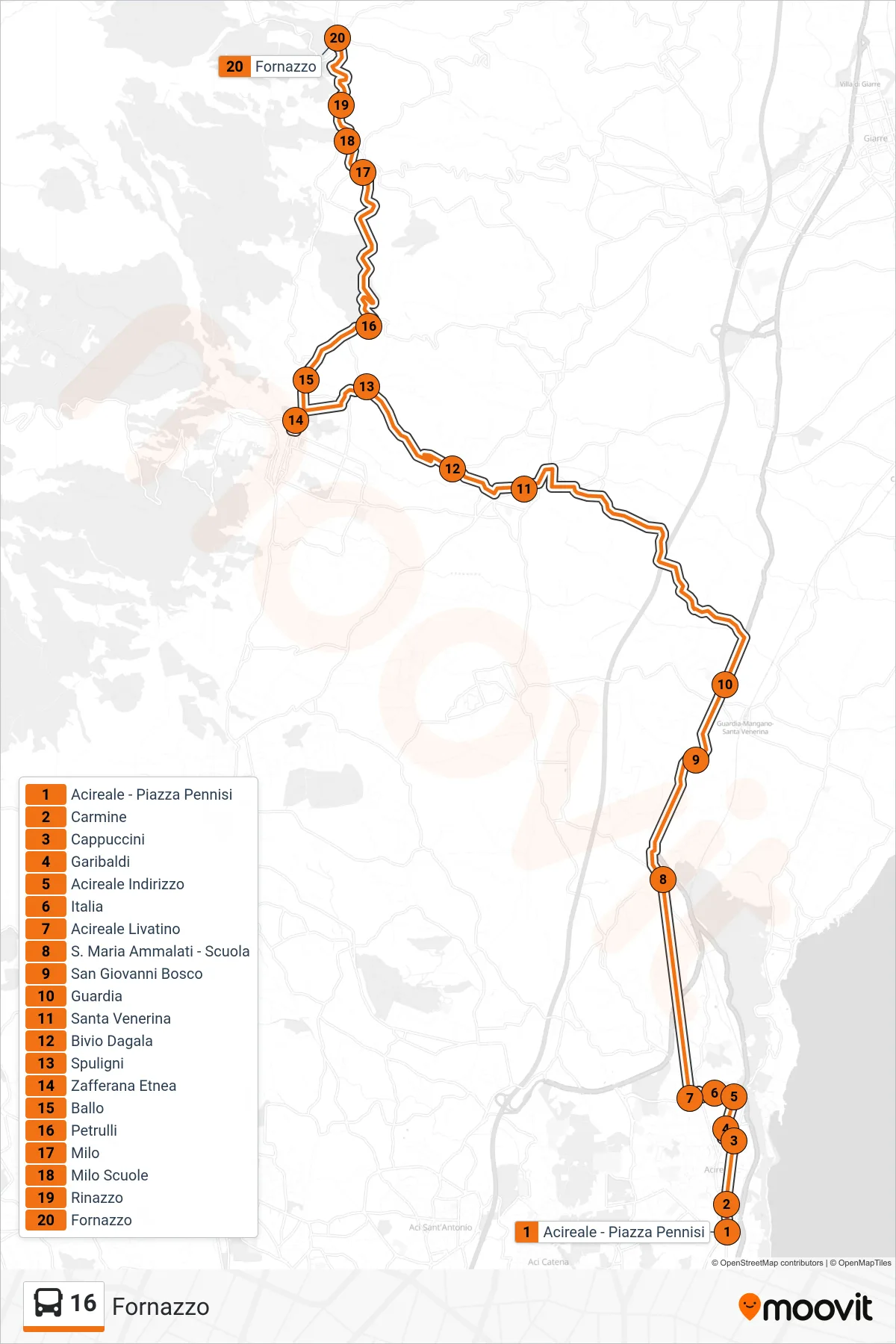 Linea 16 bus (Fornazzo) - Percorsi e fermate sulla mappa