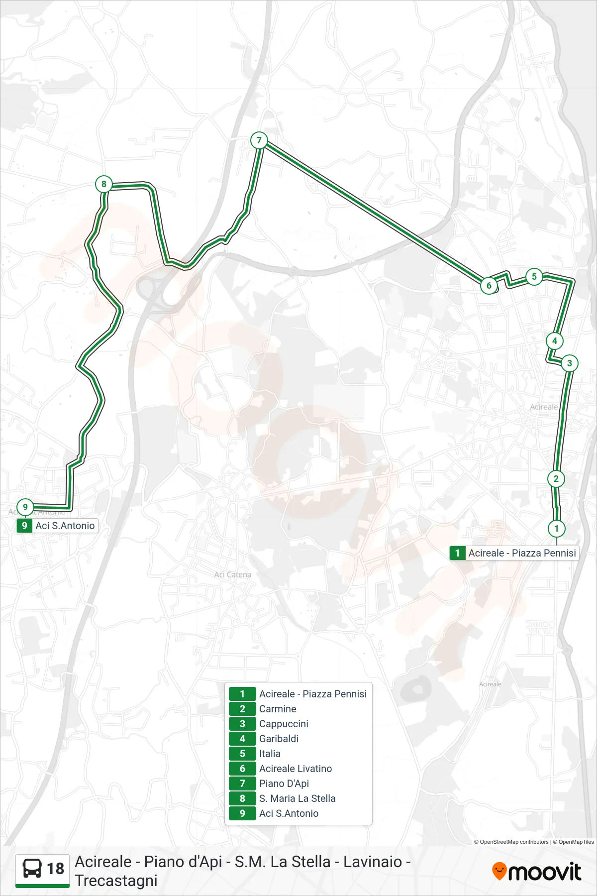 Linea 18 bus (Aci S. Antonio) - Percorsi e fermate sulla mappa