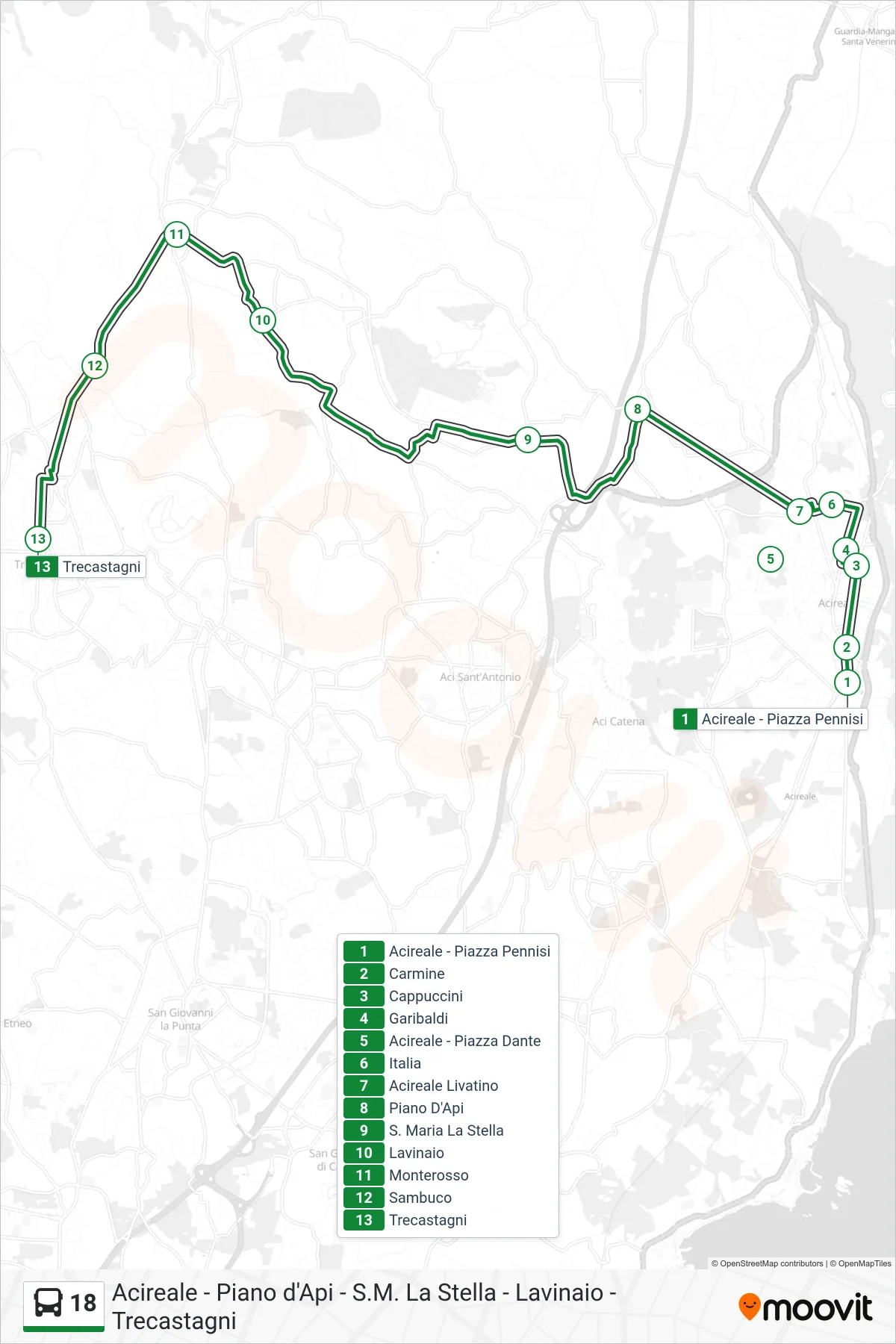 Linea 18 bus (Trecastagni) - Percorsi e fermate sulla mappa
