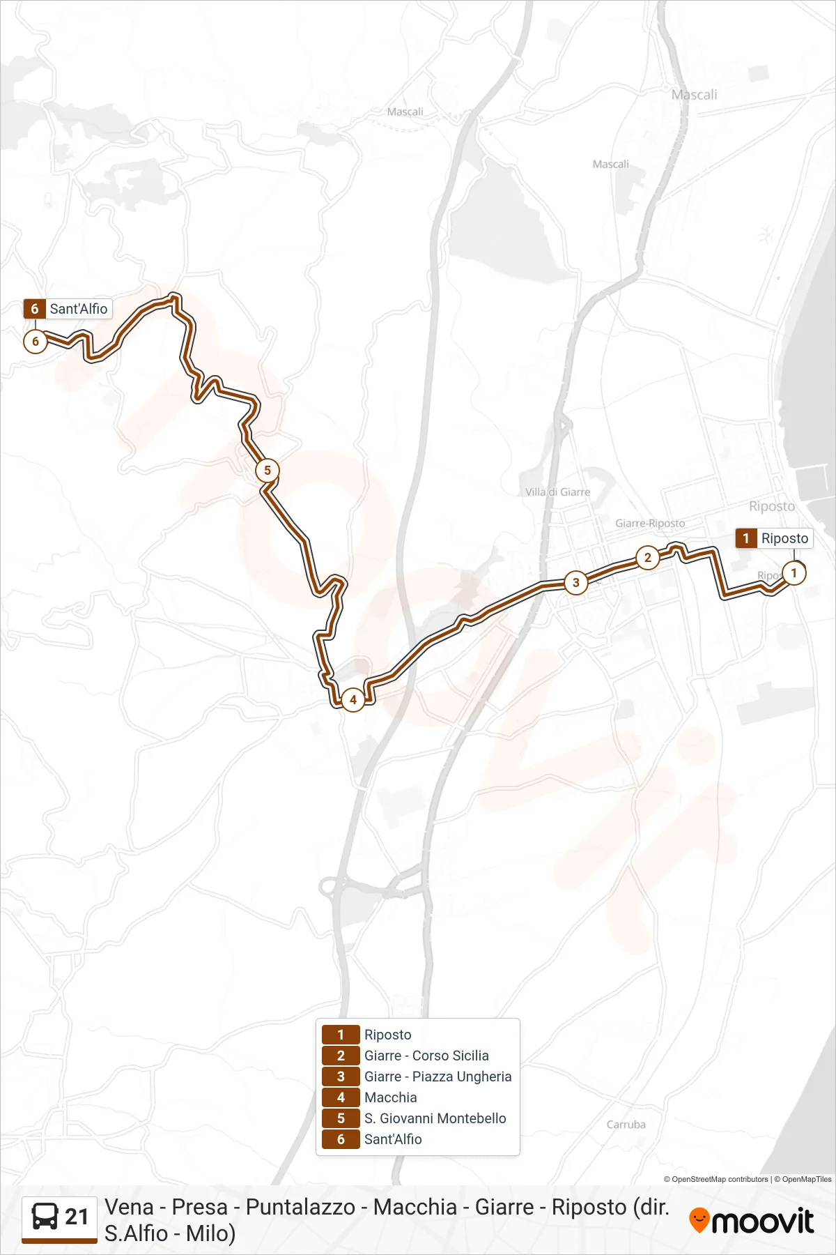 Linea 21 bus (S. Alfio) - Percorsi e fermate sulla mappa