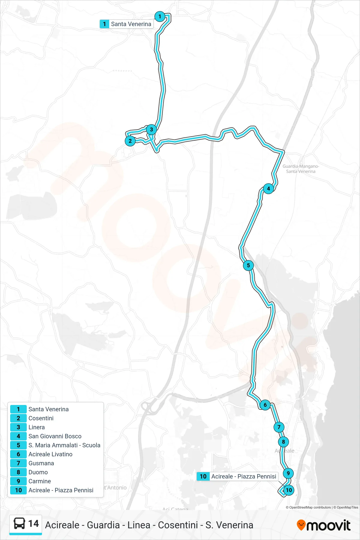 Linea 14 bus (Acireale) - Percorsi e fermate sulla mappa