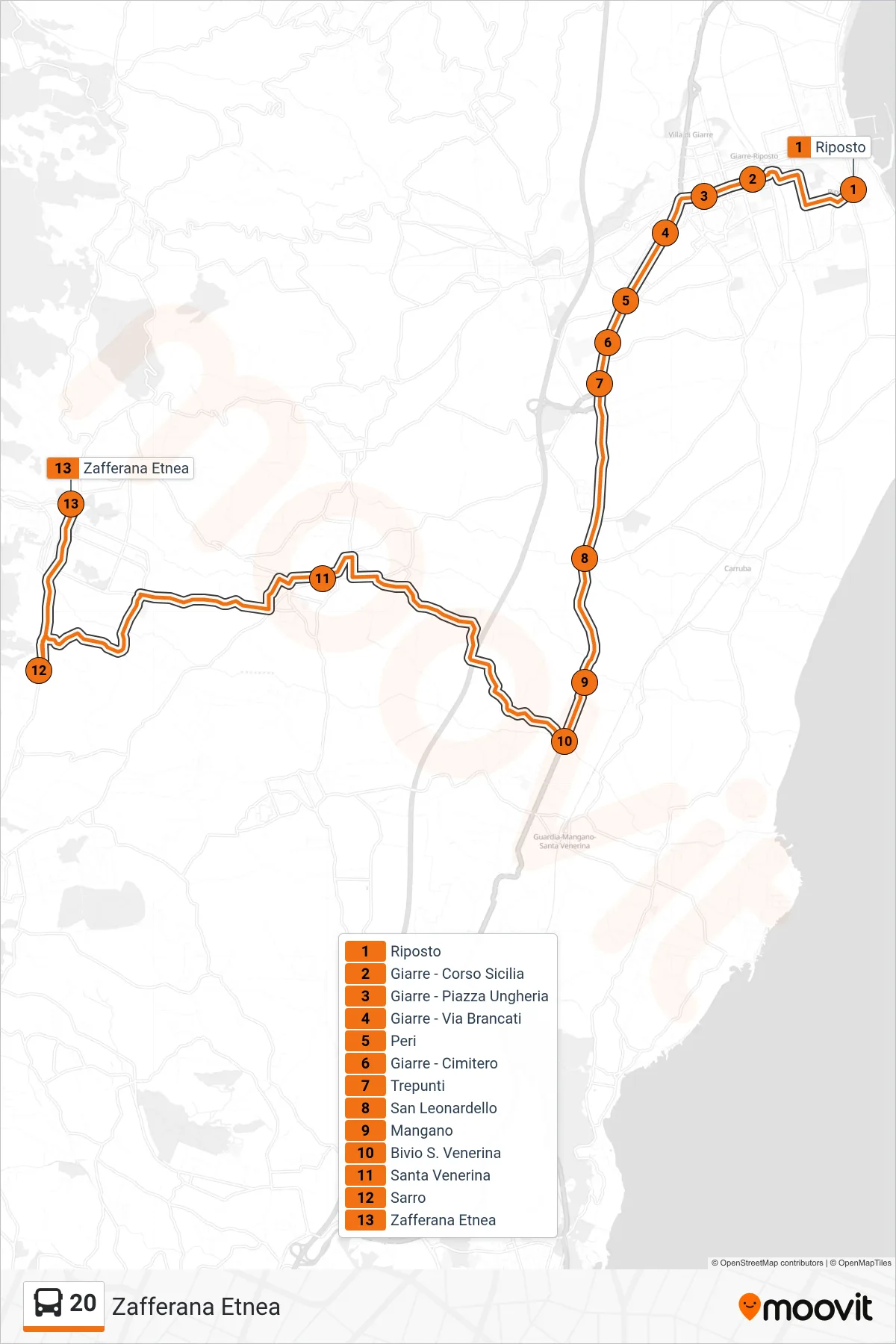 Linea 20 bus (Zafferana Etnea) - Percorsi e fermate sulla mappa