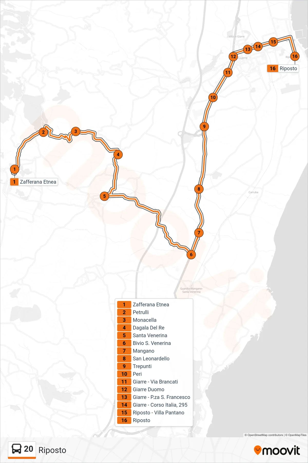 Linea 20 bus (Riposto) - Percorsi e fermate sulla mappa
