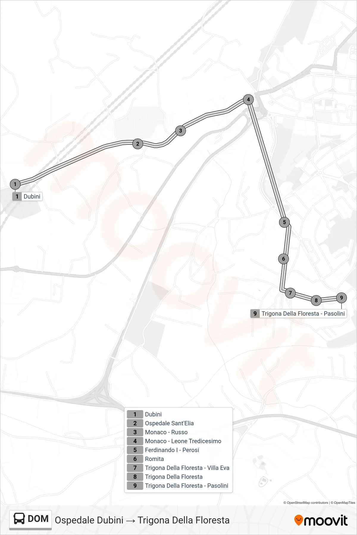 Linea DOM bus (Ospedale Dubini → Trigona Della Floresta) - Percorsi e fermate sulla mappa