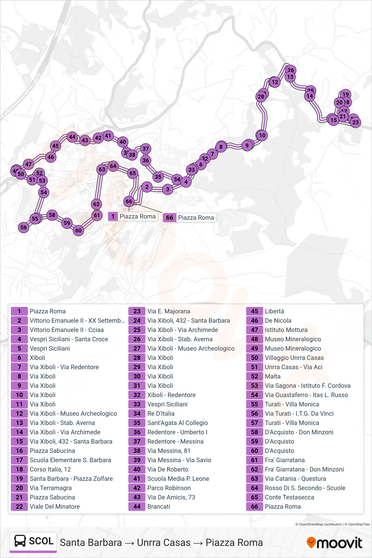 Linea SCOL  bus (Santa Barbara → Unrra Casas → Piazza Roma) - Percorsi e fermate sulla mappa