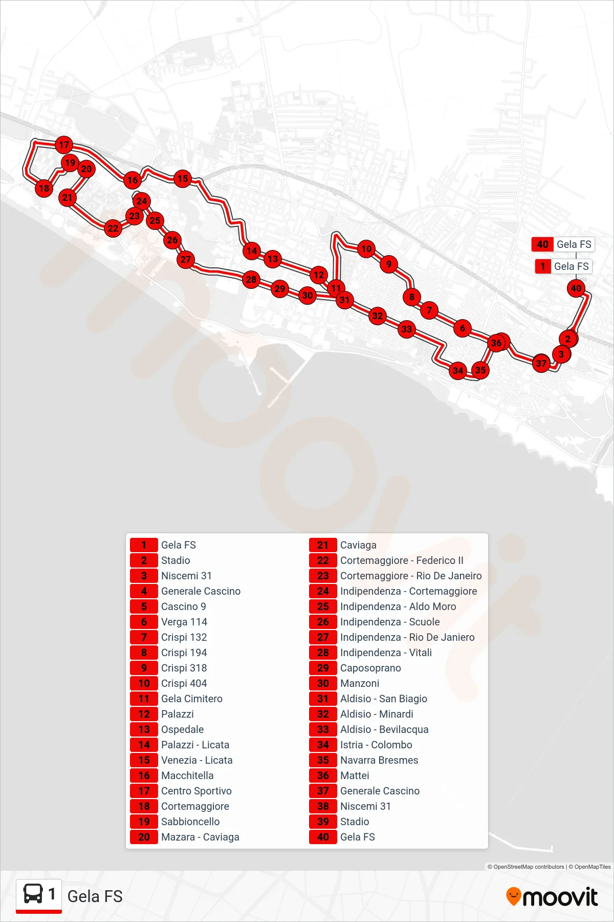 Linea 1  bus (Gela FS) - Percorsi e fermate sulla mappa