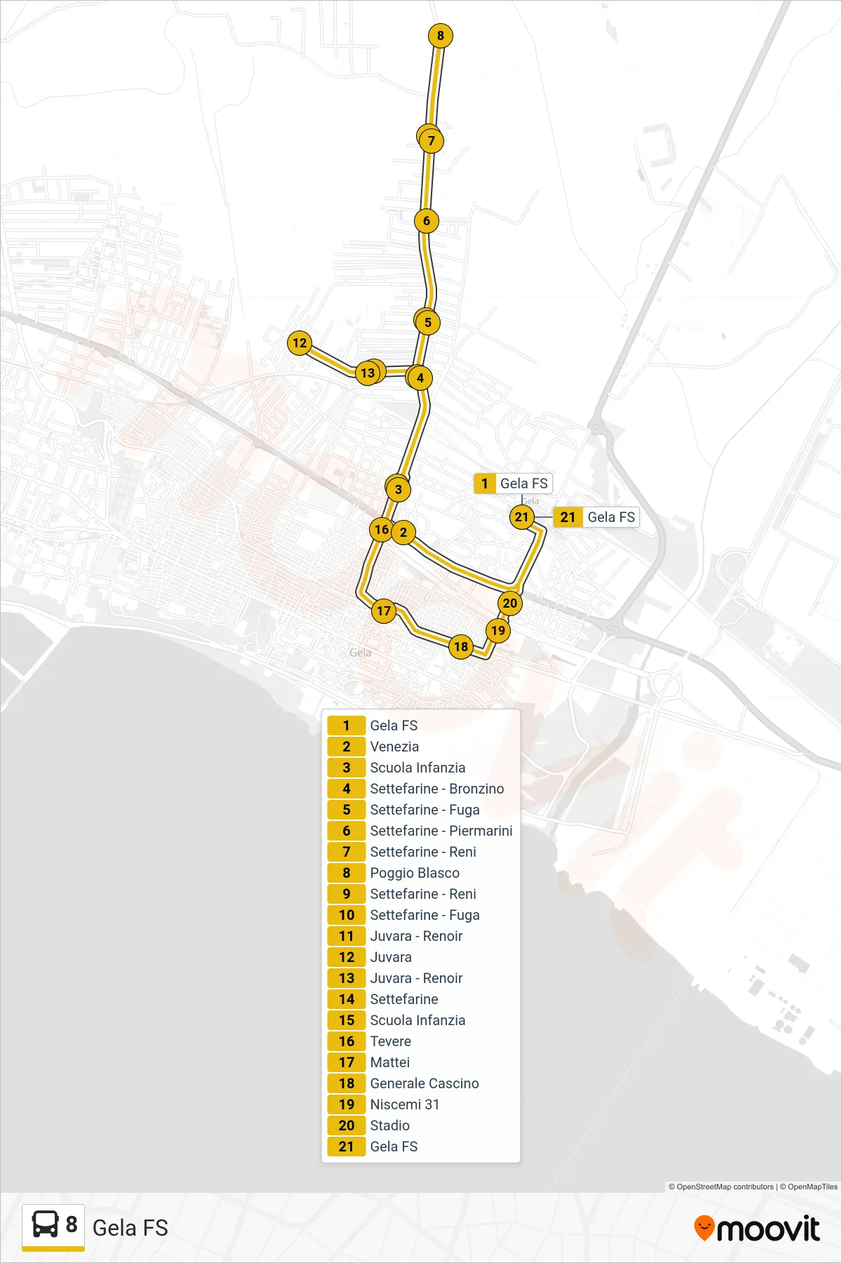 Linea 8  bus (Gela FS) - Percorsi e fermate sulla mappa