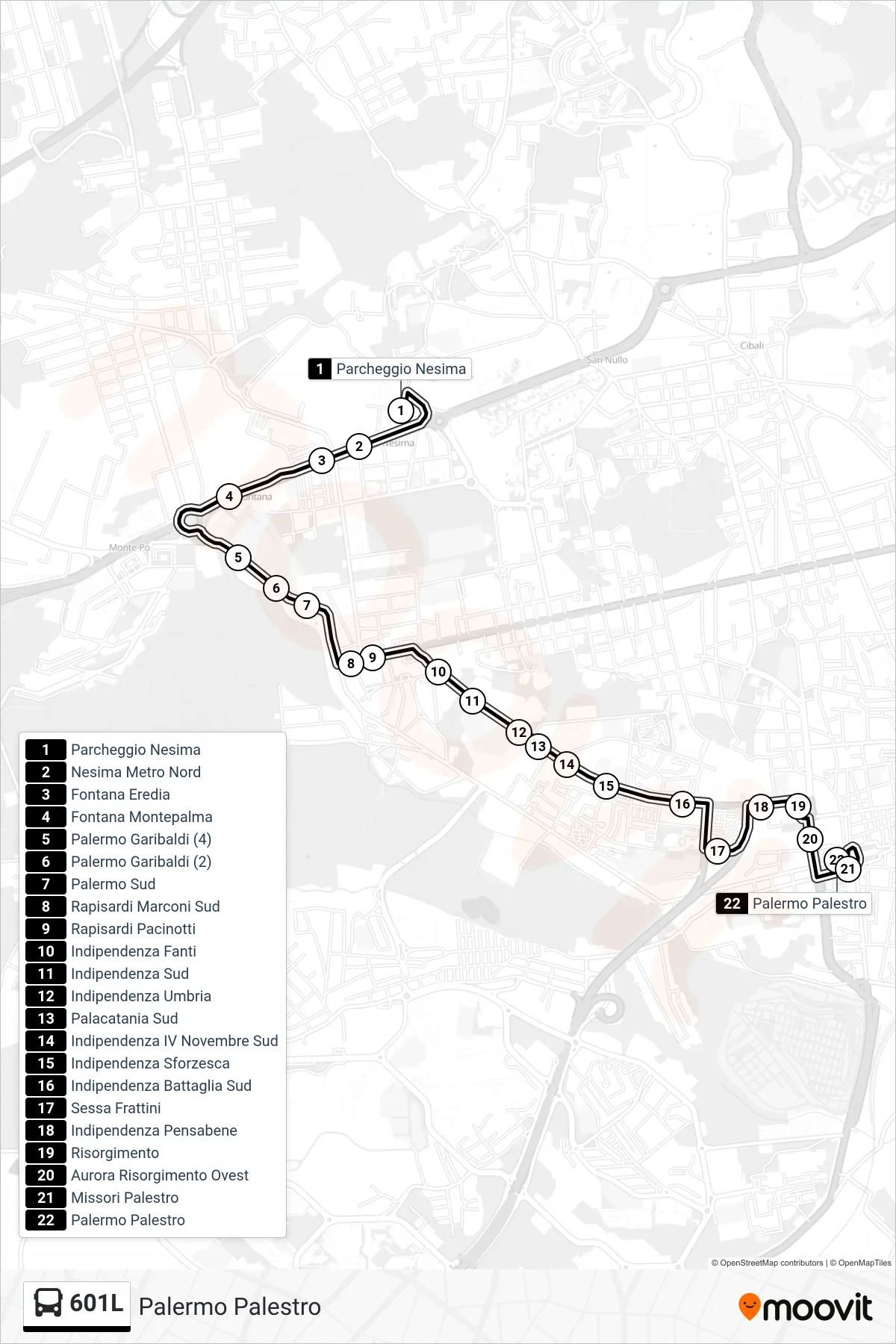 Linea 601L  bus (Palermo Palestro) - Percorsi e fermate sulla mappa