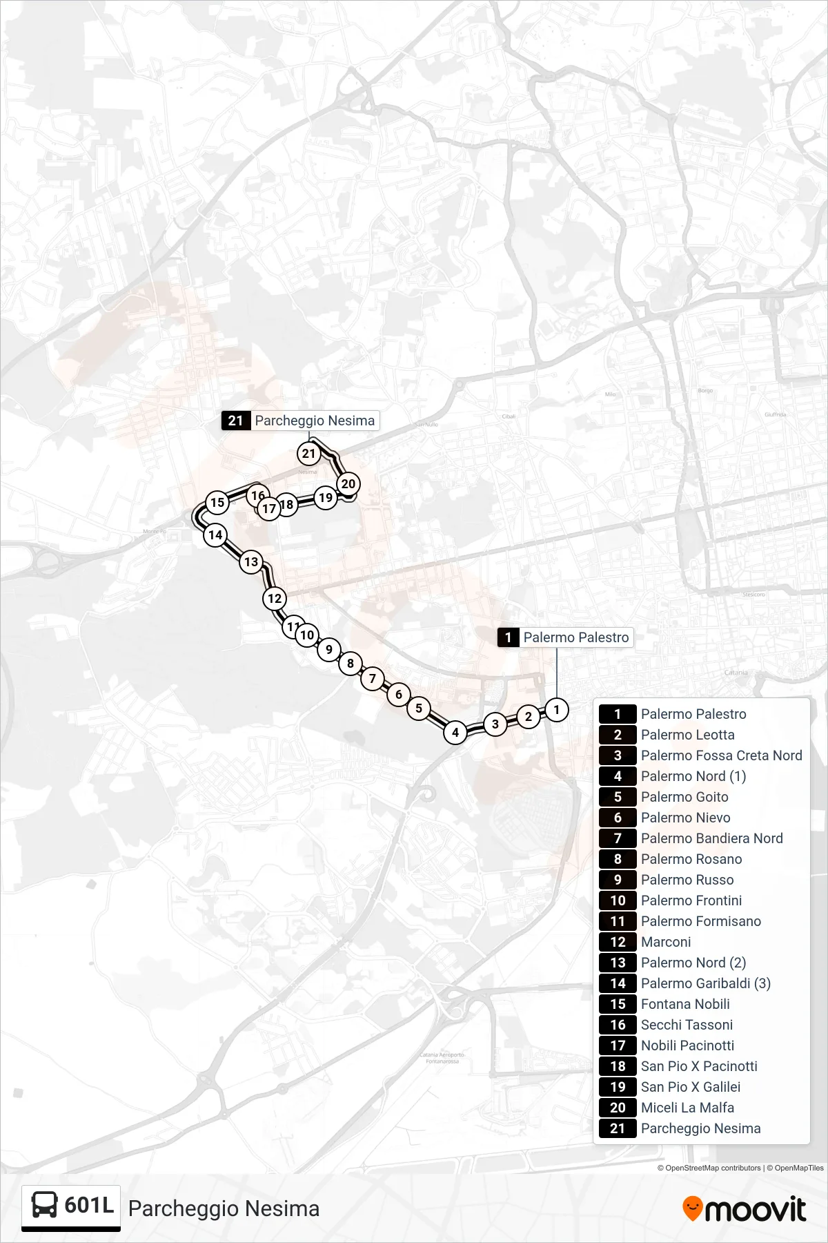 Linea 601L bus (Parcheggio Nesima) - Percorsi e fermate sulla mappa