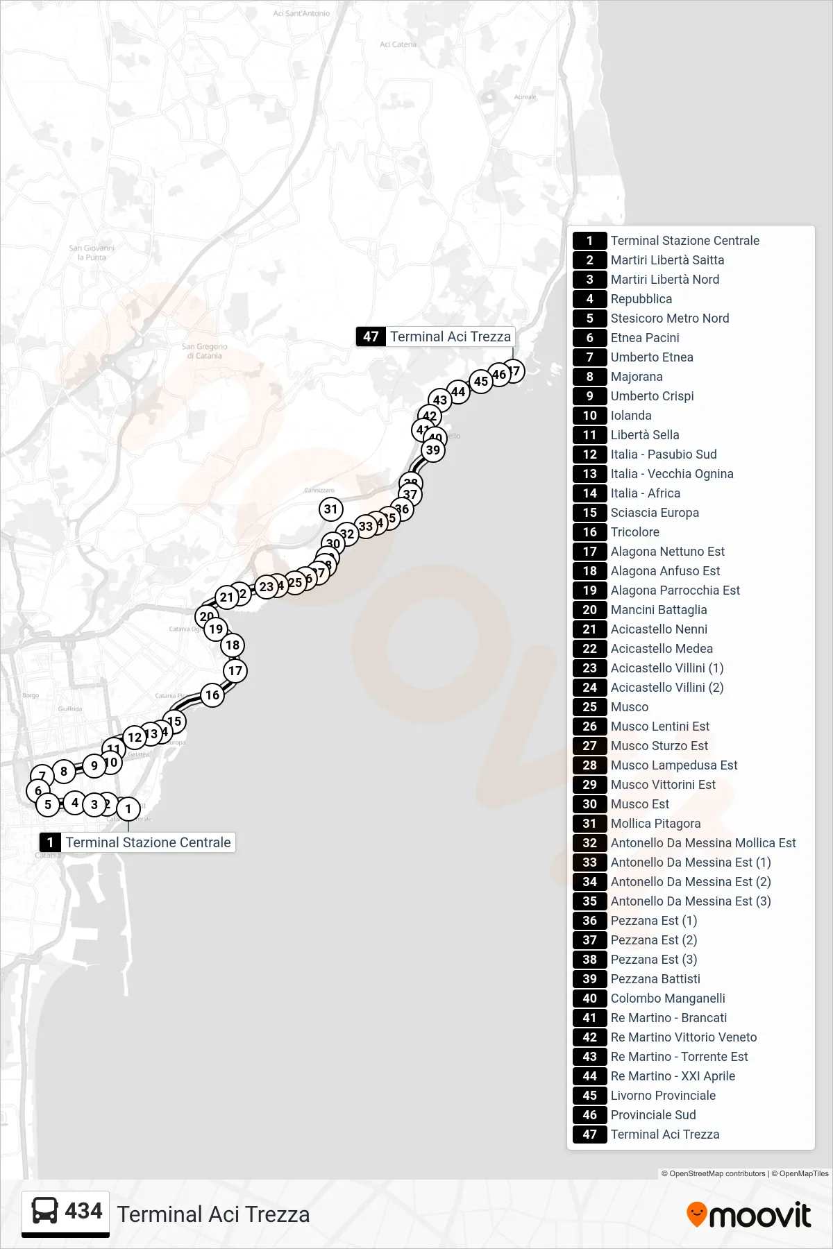 Linea 434 bus (Terminal Aci Trezza) - Percorsi e fermate sulla mappa