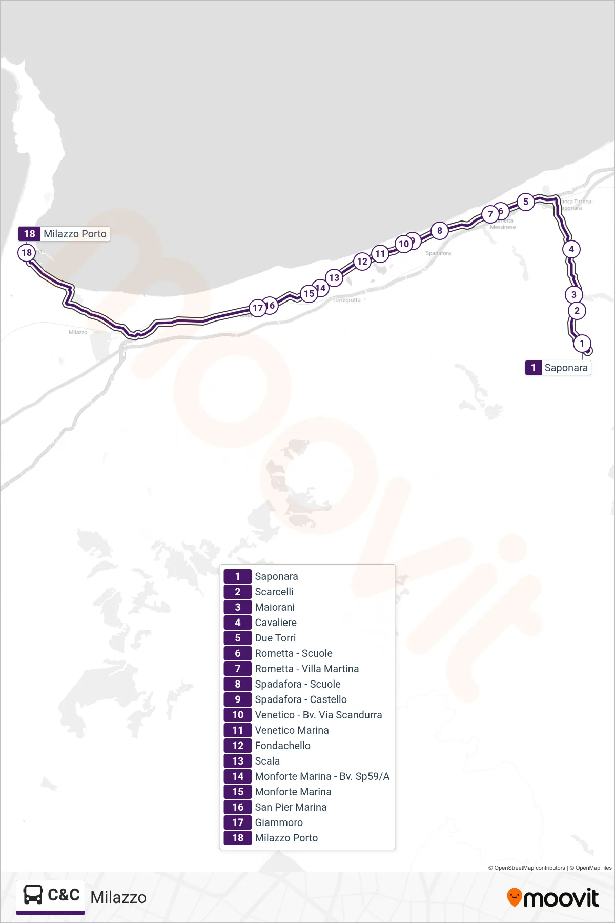 Linea C&C bus (Milazzo) - Percorsi e fermate sulla mappa