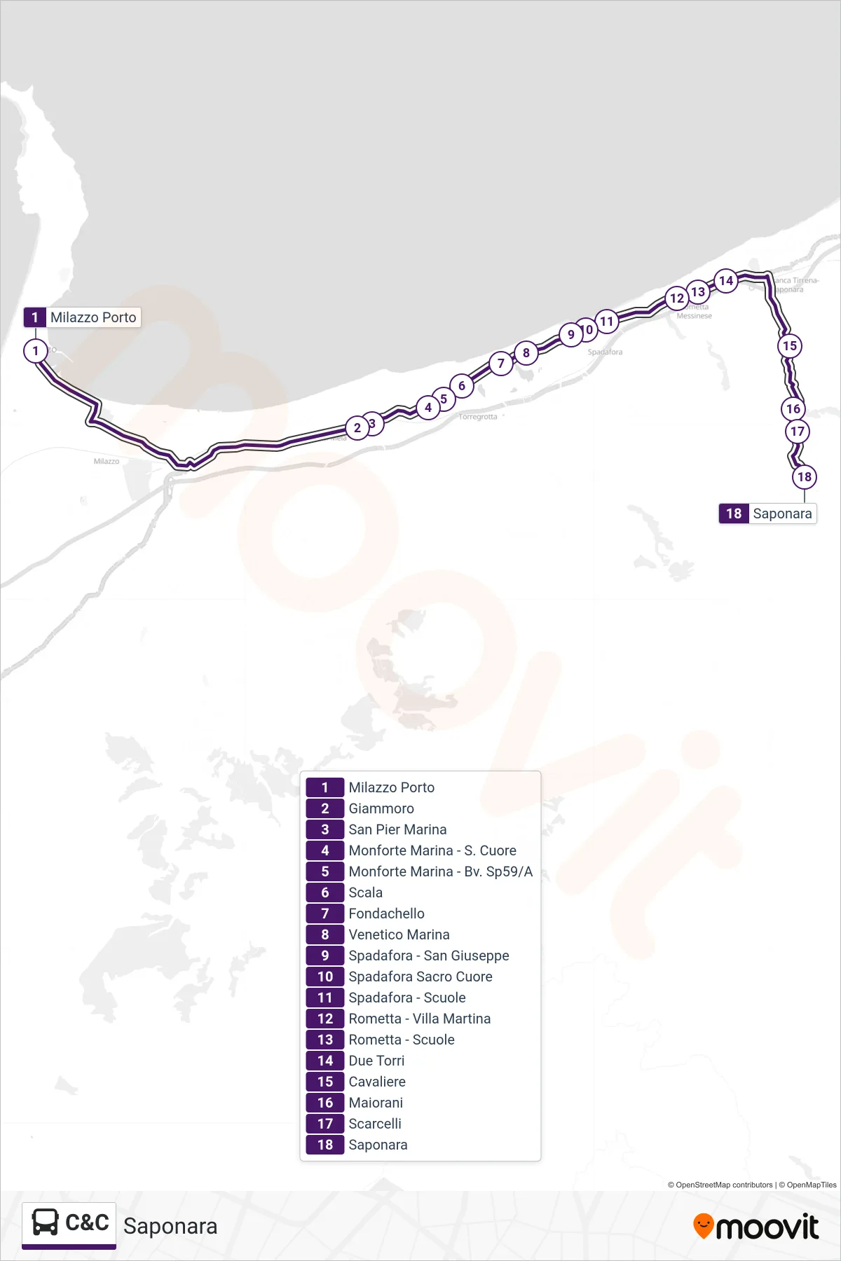 Linea C&C bus (Saponara) - Percorsi e fermate sulla mappa
