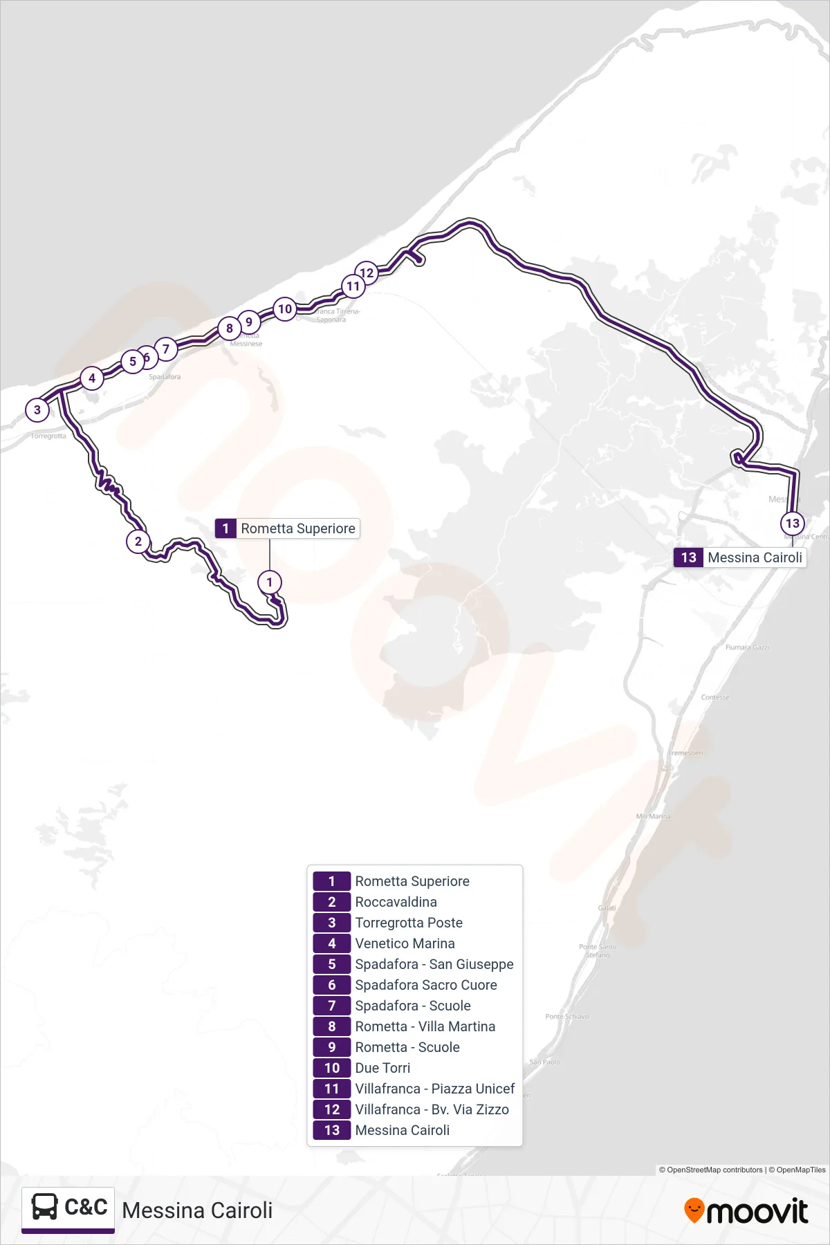 Linea C&C bus (Messina Cairoli) - Percorsi e fermate sulla mappa