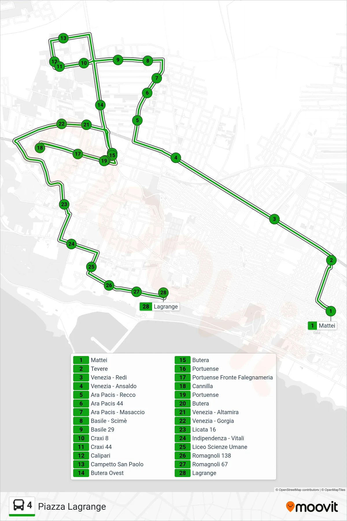 Linea 4 bus (Piazza Lagrange) - Percorsi e fermate sulla mappa